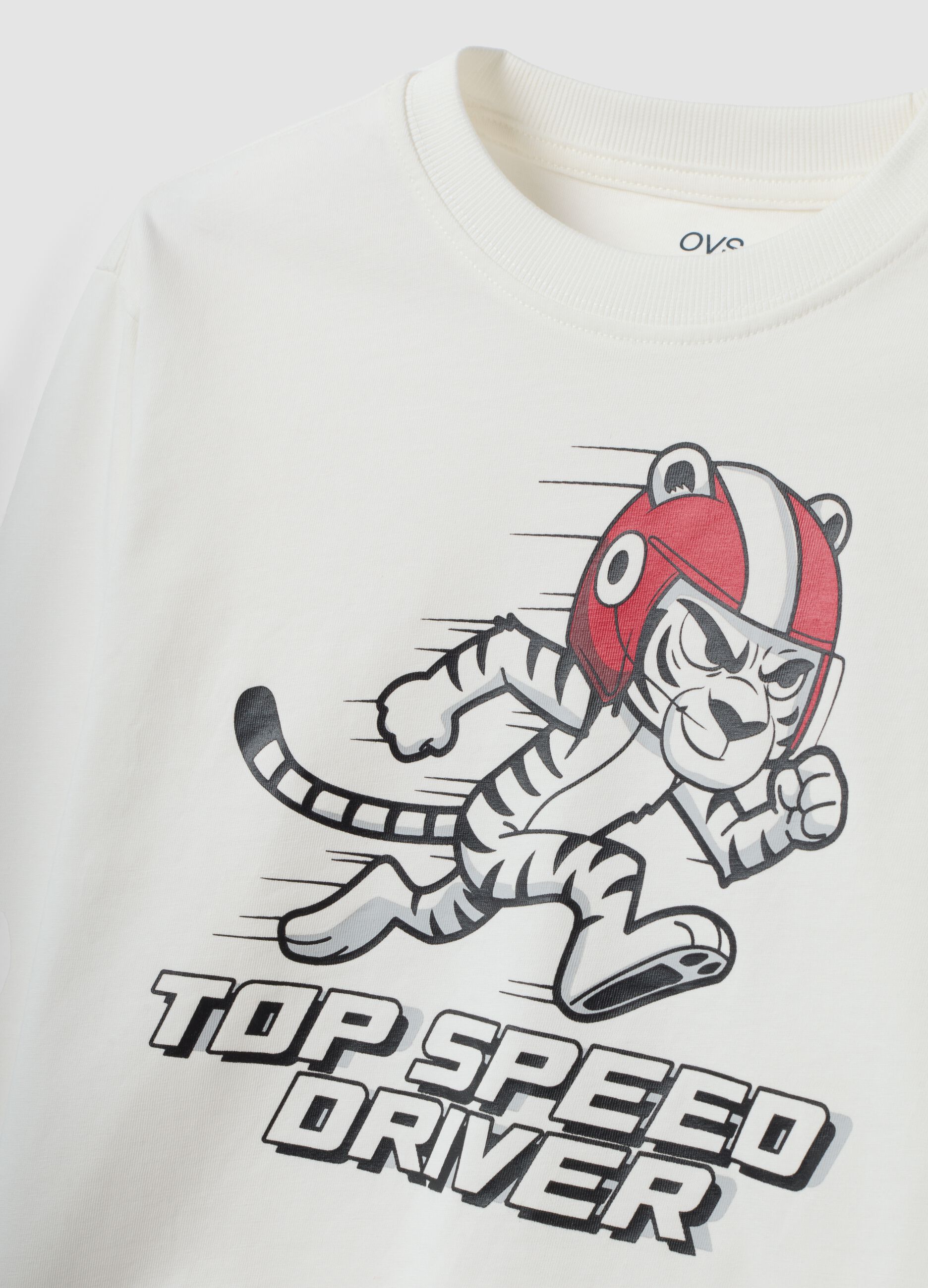 T-shirt bianca in puro cotone con girocollo e stampa Top Speed Driver