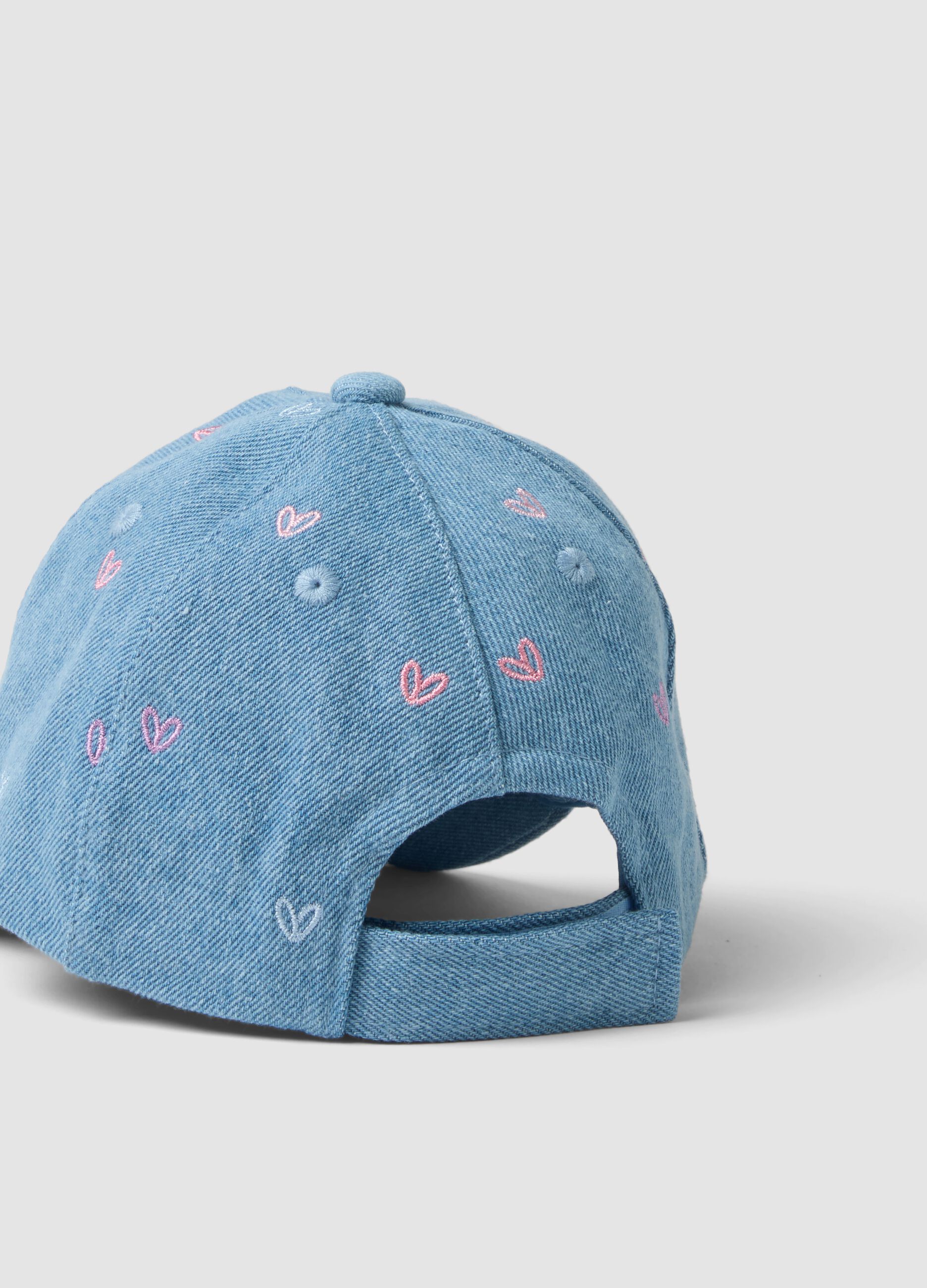 Light blue denim baseball cap in pure cotton for baby girls with hearts