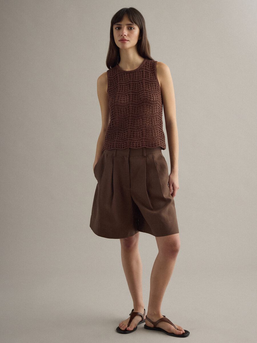 Brown regular fit cotton blend tank top with mesh texture_0