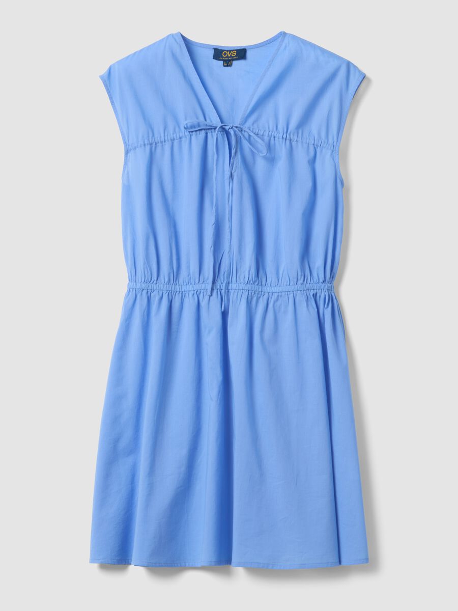 Light blue pure cotton regular-fit dress with V-neck and tie fastening_4