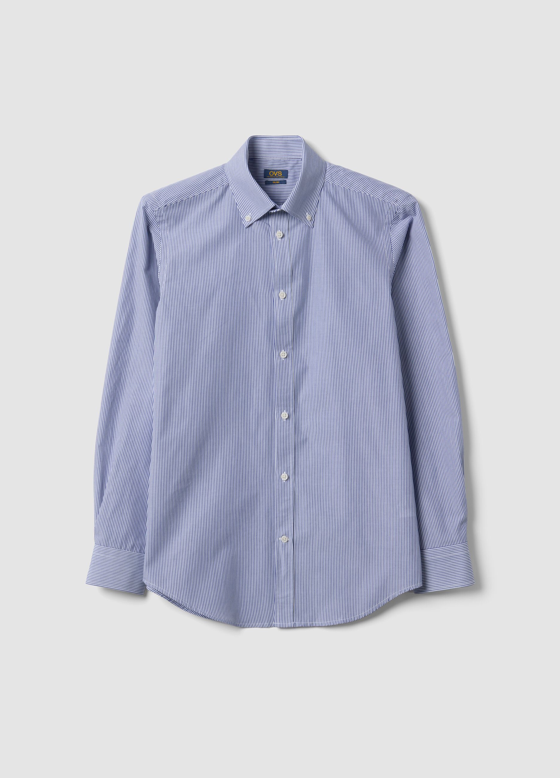 Blue striped cotton-blend button-down shirt, easy iron, slim fit