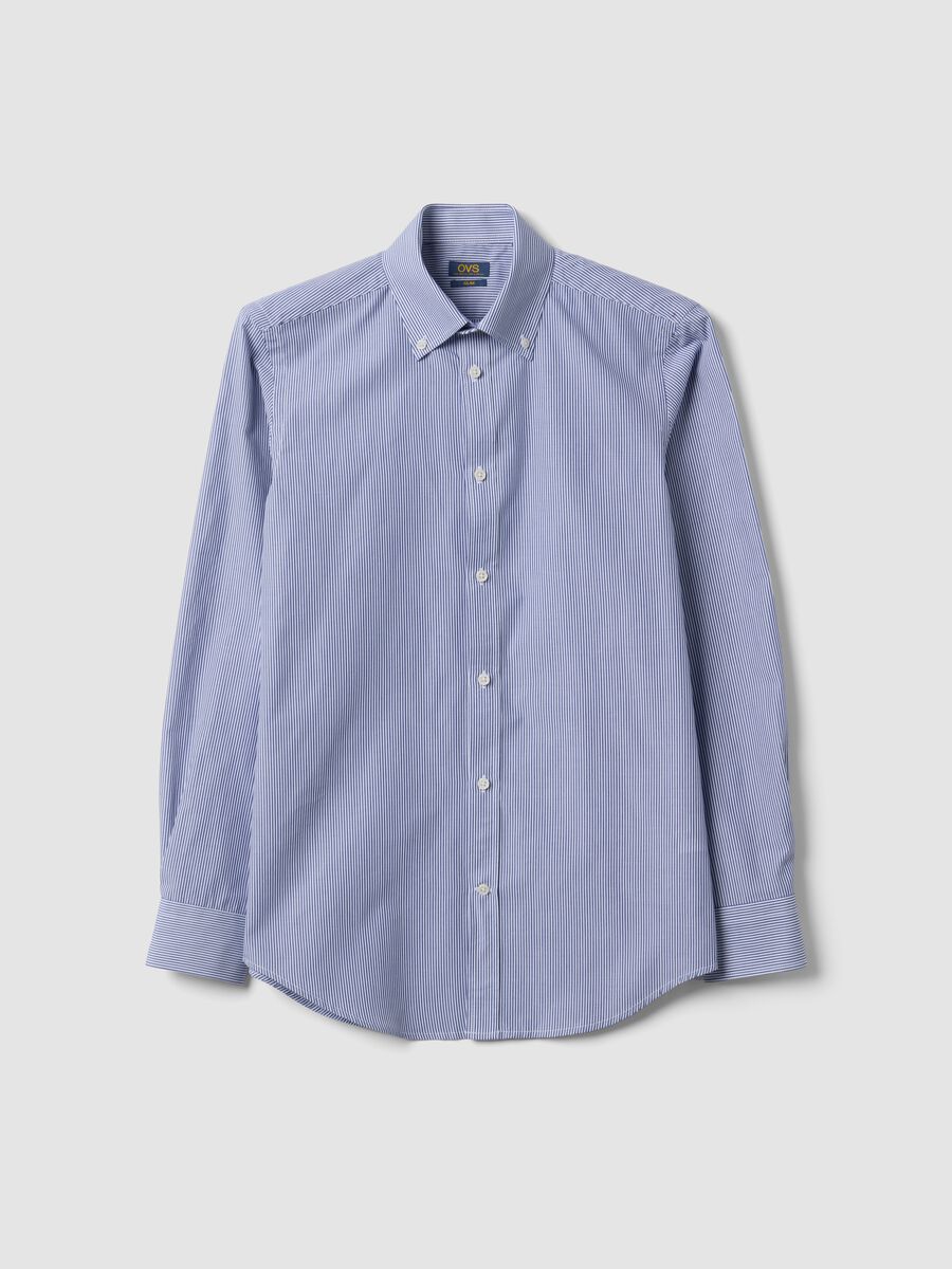 Blue striped cotton-blend button-down shirt, easy iron, slim fit_4