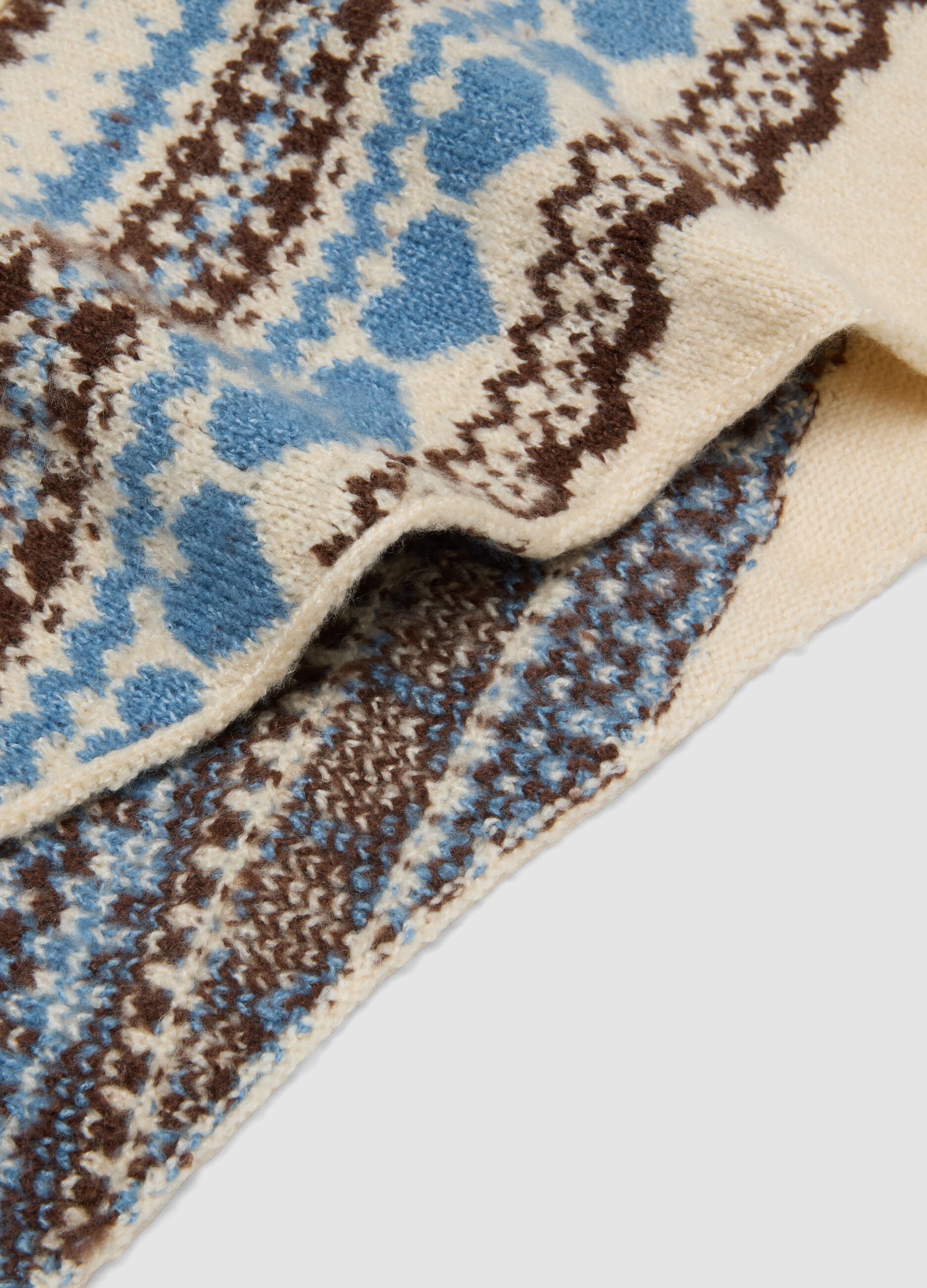 Beige scarf with light blue and brown jacquard pattern