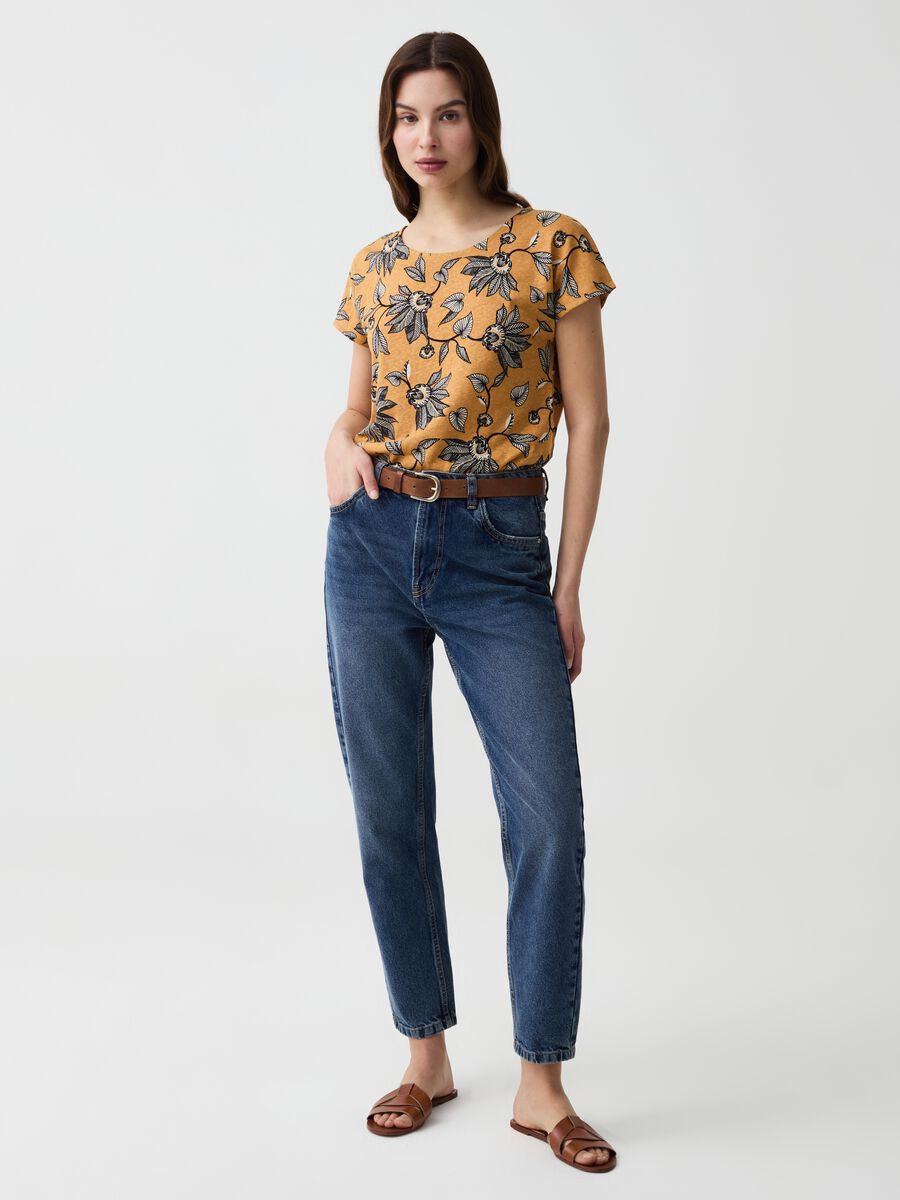 Cotton and linen T-shirt with floral print_1