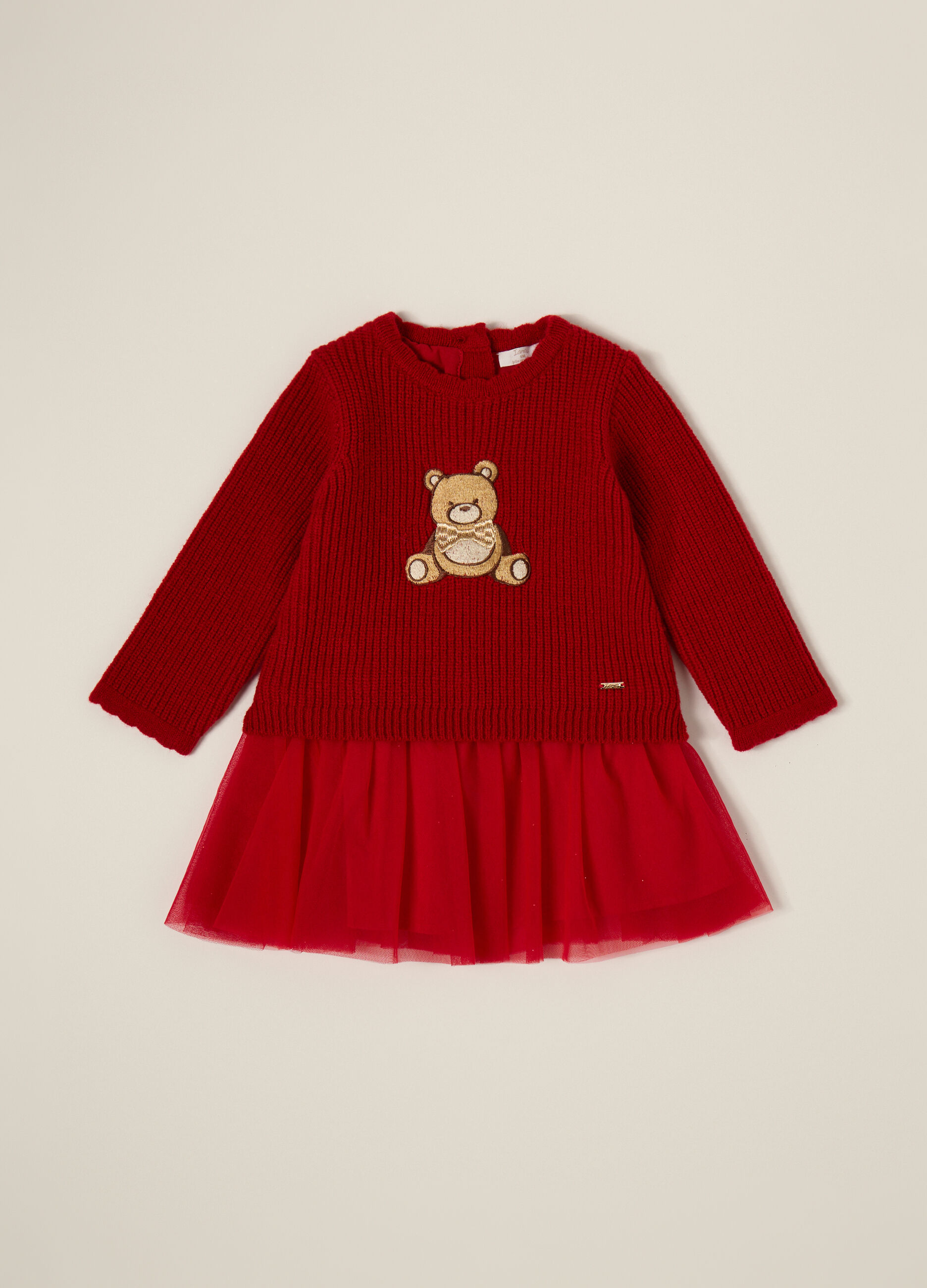 Red dress for girl with teddy bear appliqu&eacute;
