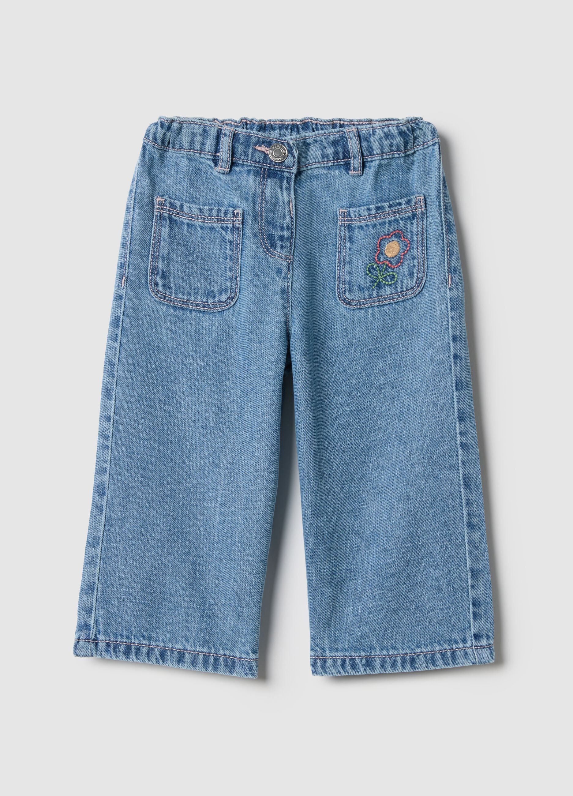 Girls' regular fit blue cotton-blend trousers with embroidery