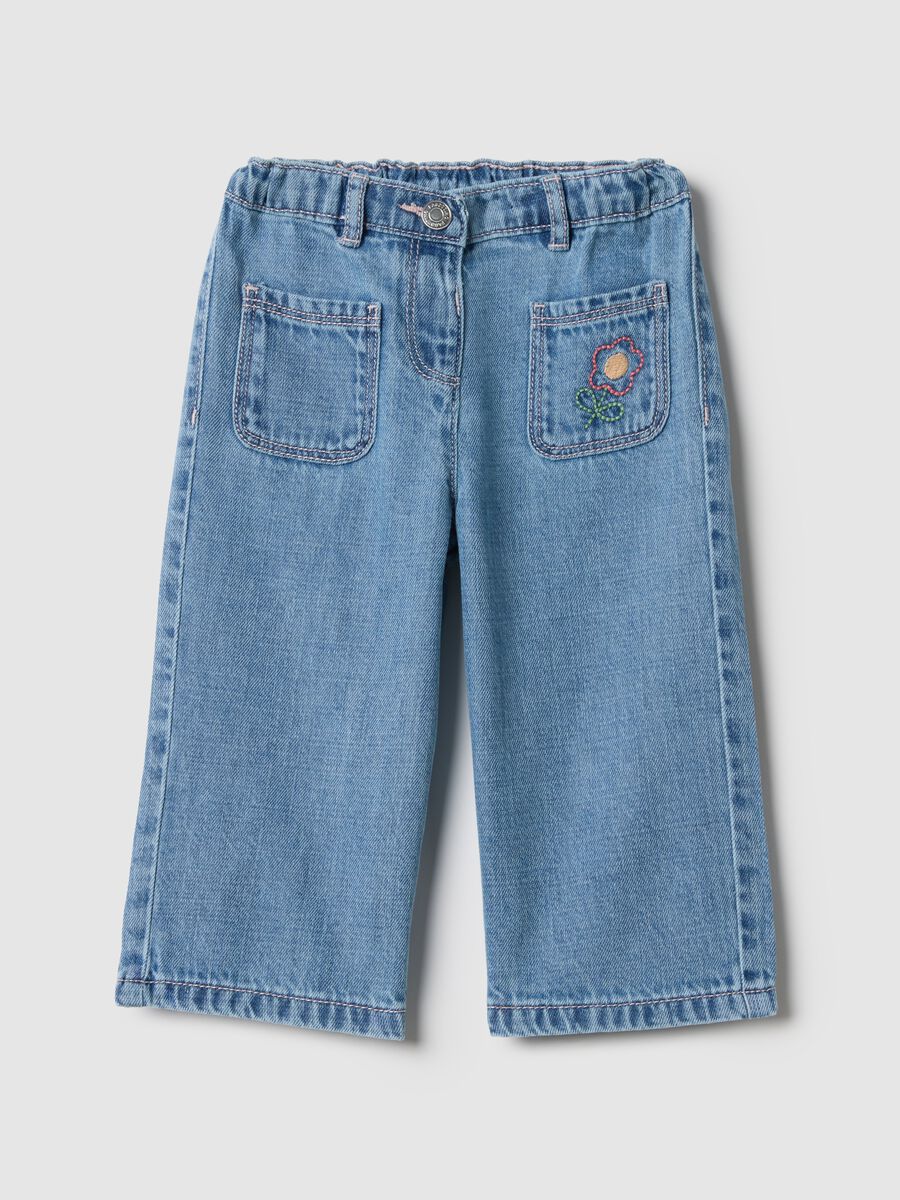 Girls' regular fit blue cotton-blend trousers with embroidery_0
