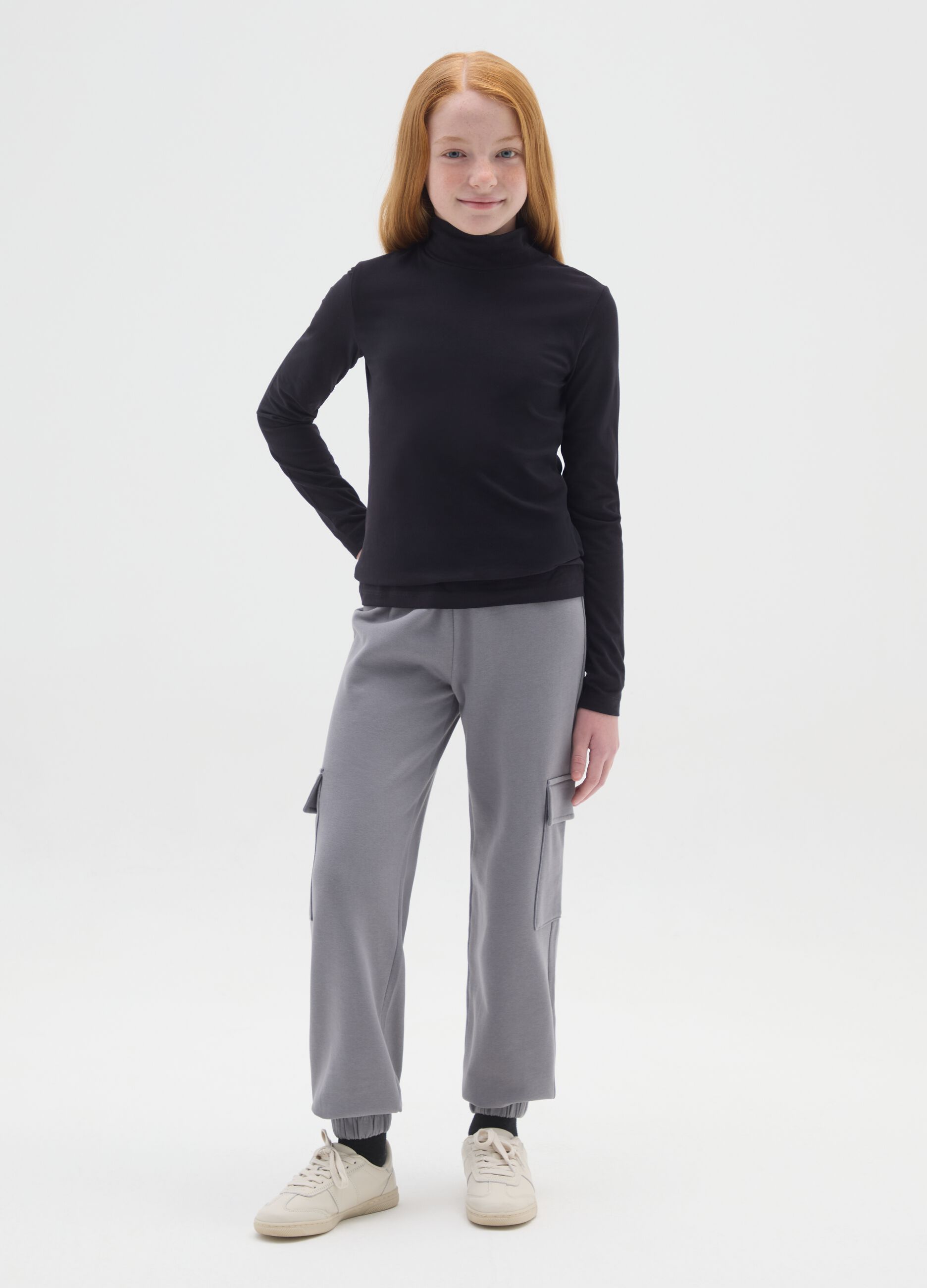 Girls' grey jogger pants in pure cotton with relaxed fit