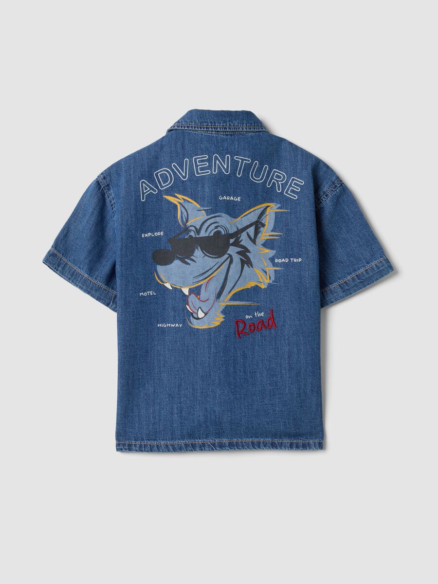 Blue denim short-sleeve pure cotton shirt_1