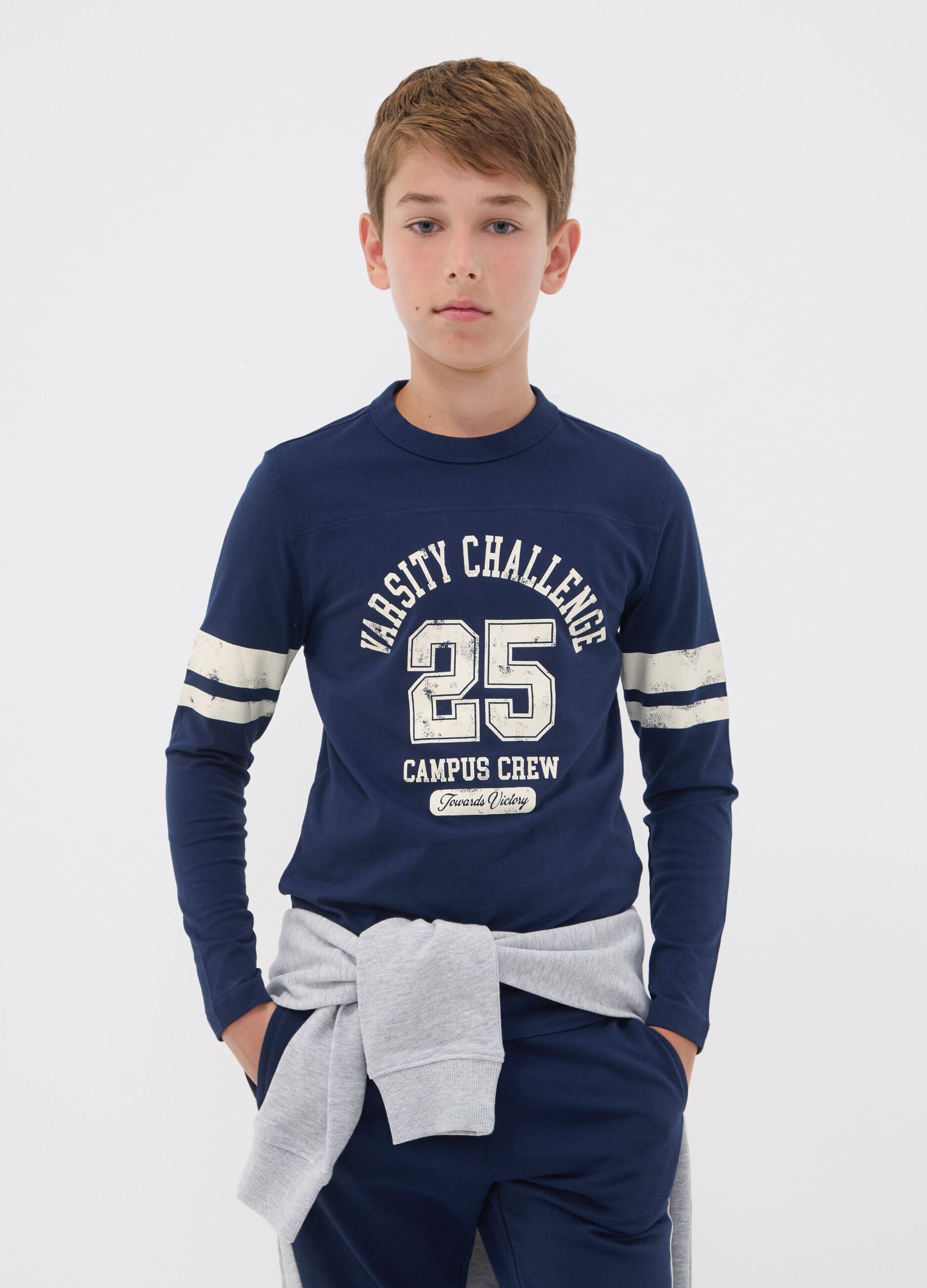 Blue pure organic cotton T-shirt with college print for boys