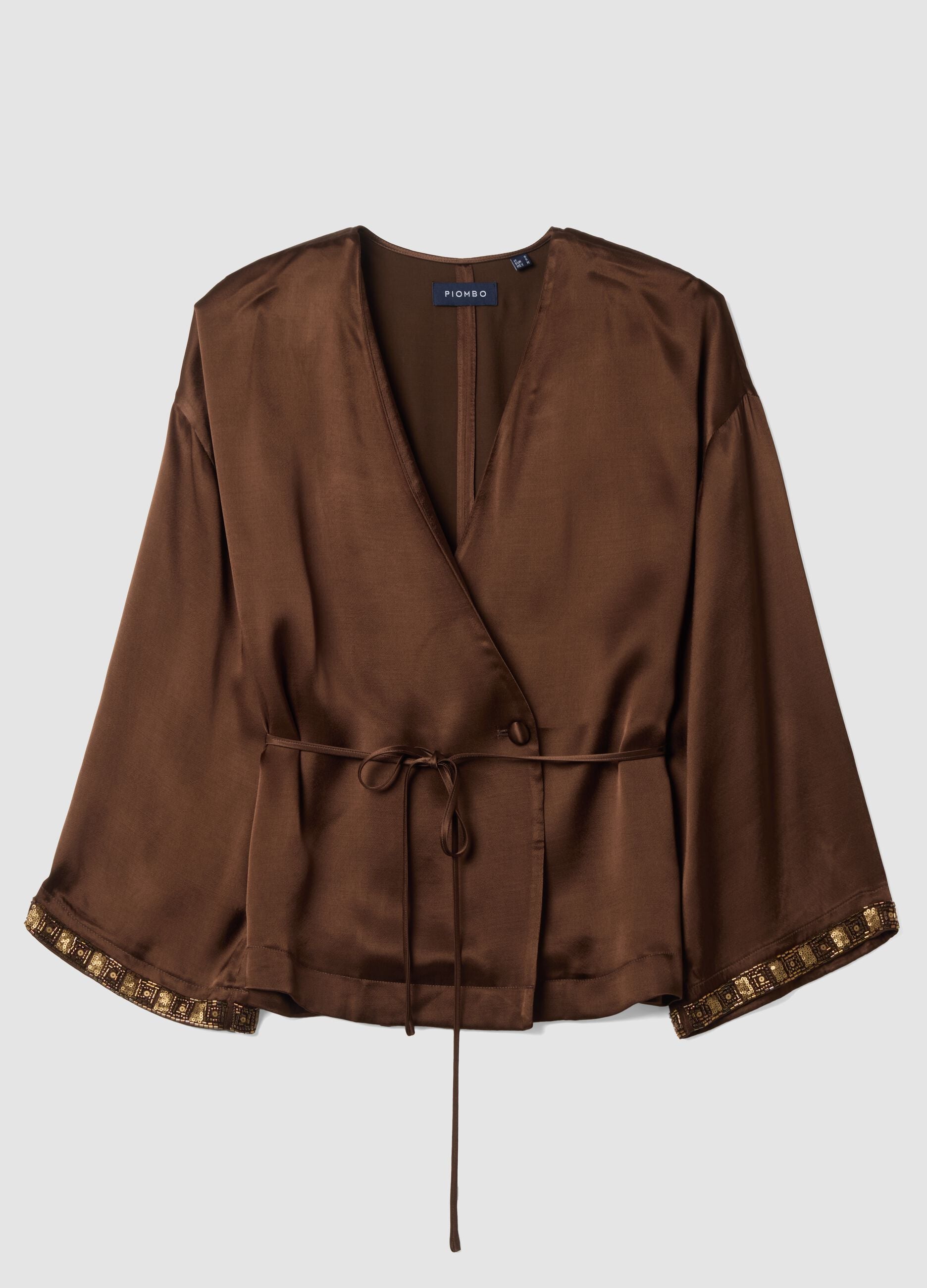 Brauner Kimono-Blazer aus reiner Viskose mit G&uuml;rtel