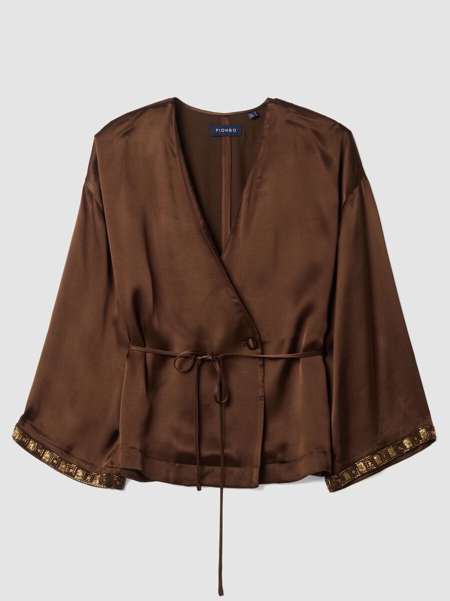Brauner Kimono-Blazer aus reiner Viskose mit G&uuml;rtel_0