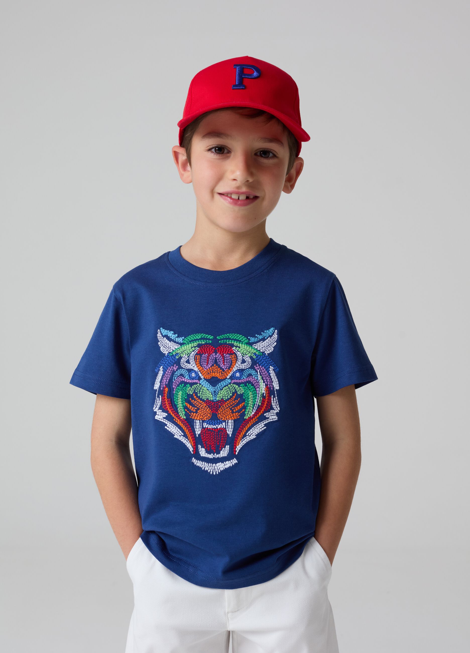 T-shirt in cotone con ricamo tigre