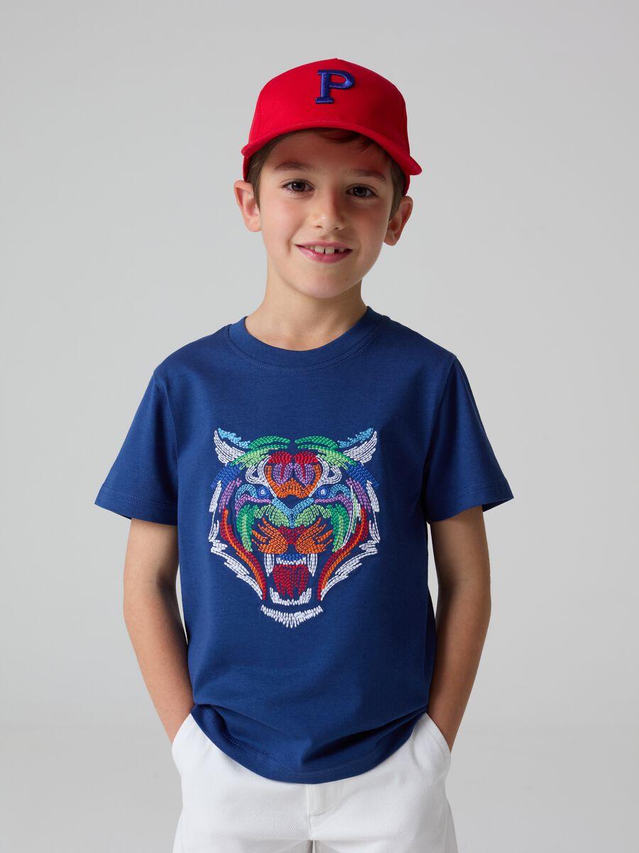 Cotton T-shirt with tiger embroidery_0