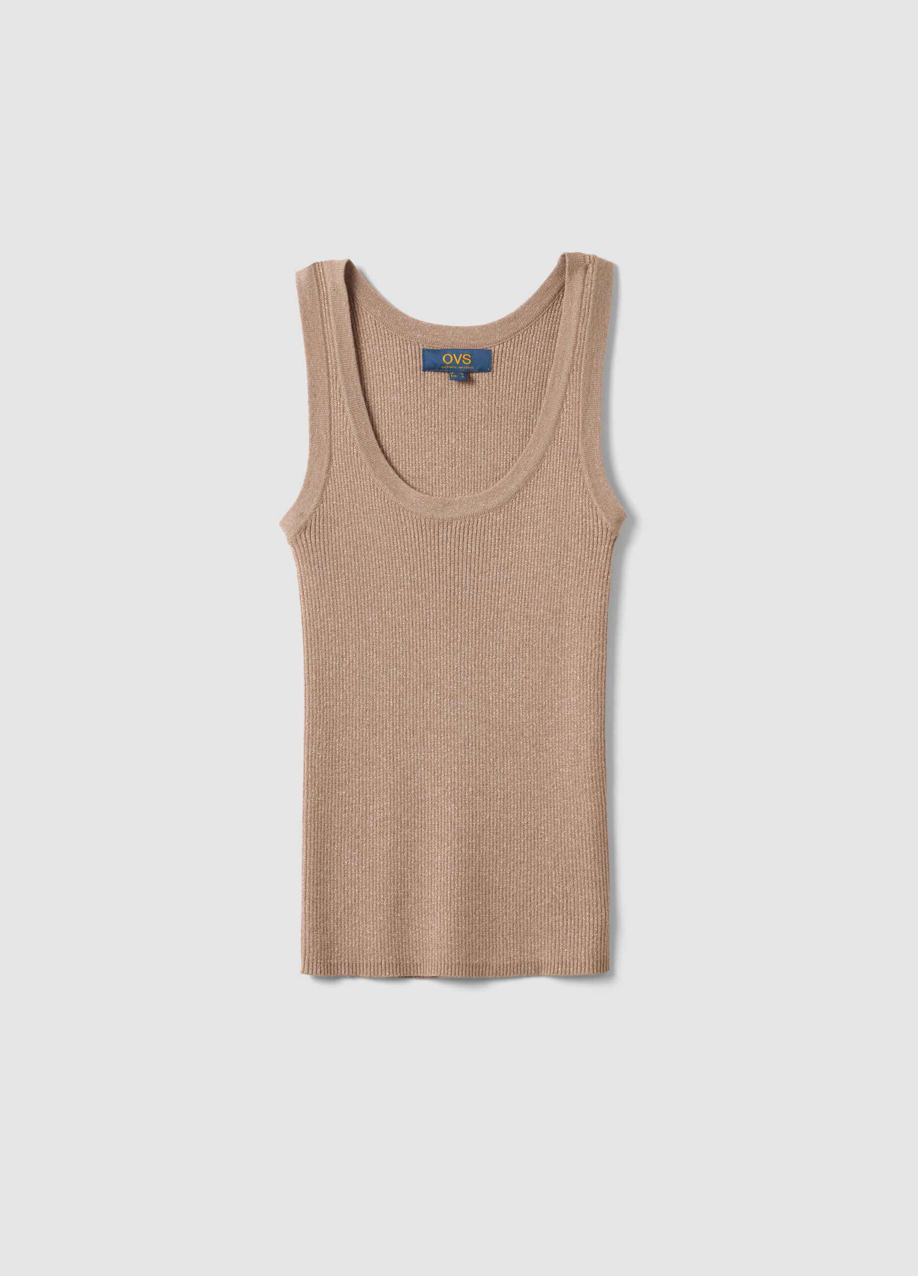 Beige viscose blend fitted tank top