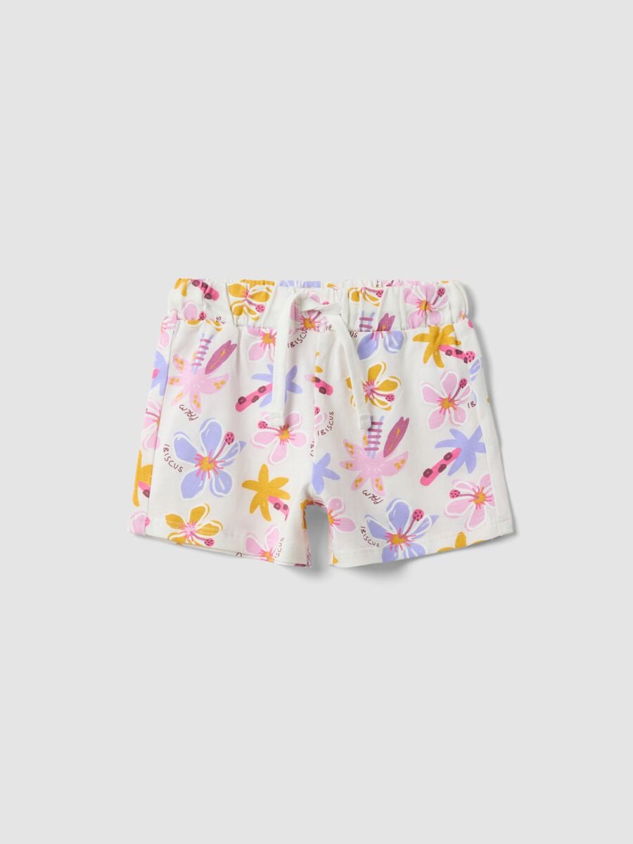 White organic cotton floral shorts for baby girls_0