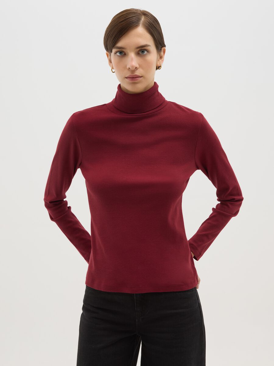 Red long sleeve turtle neck top in pure cotton regular fit_0