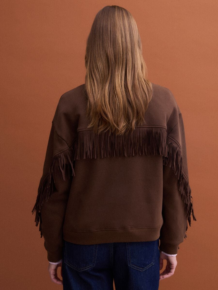 Brown cotton-blend crew-neck sweatshirt with fringes, regular fit_3