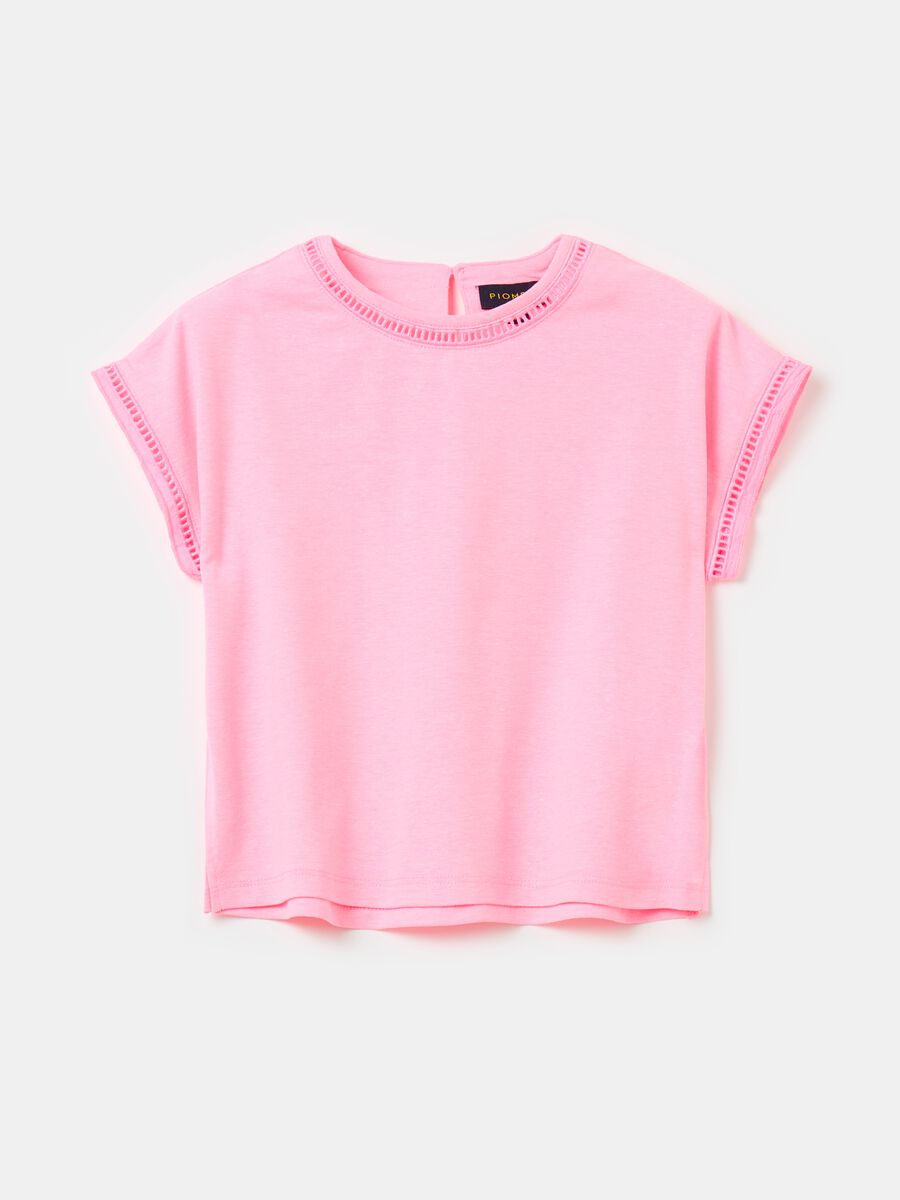 Solid colour T-shirt with openwork inserts_0