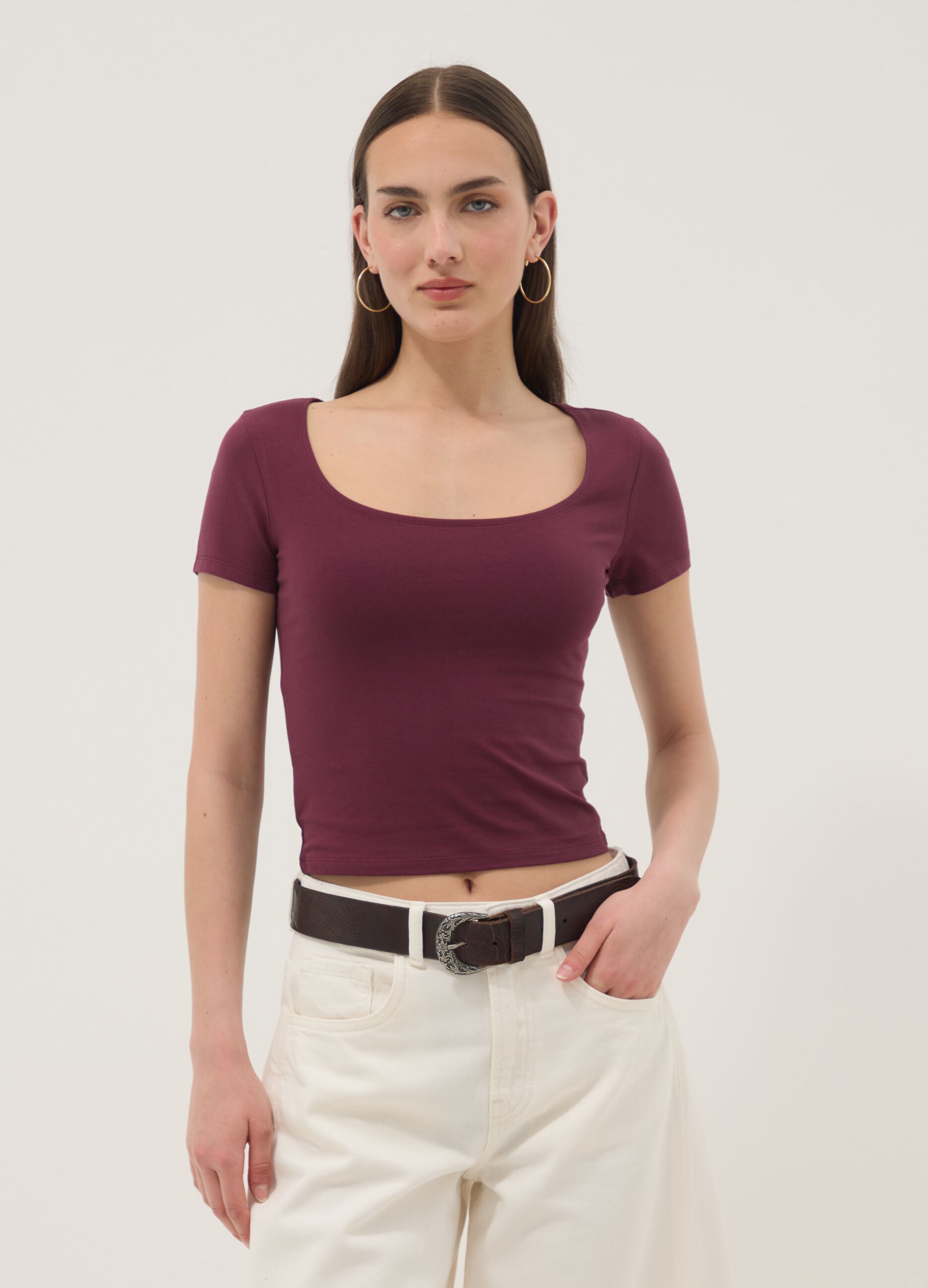 Purple stretch-cotton T-shirt with square neckline