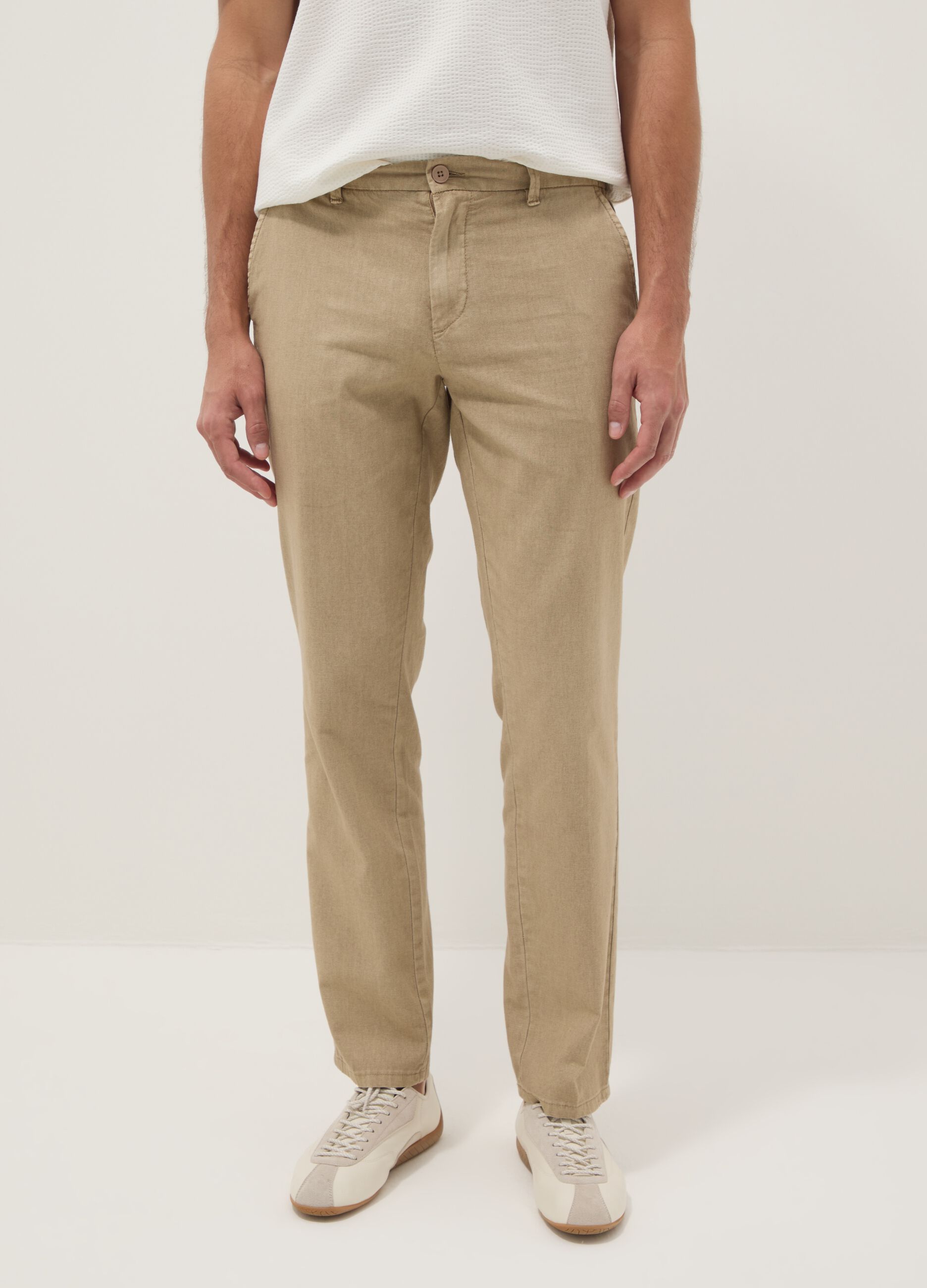 Beige linen and cotton-blend regular-fit chino trousers