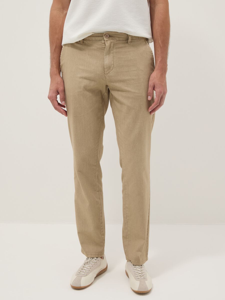 Beige linen and cotton-blend regular-fit chino trousers_1