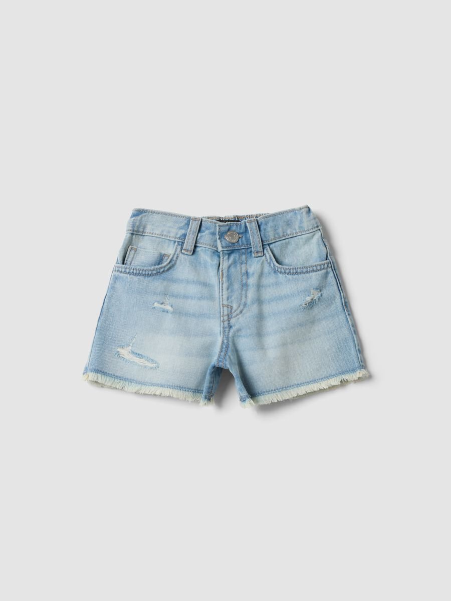 Blaue Denim-Shorts aus reiner Baumwolle f&uuml;r M&auml;dchen, Regular Fit mit Used-Details_0