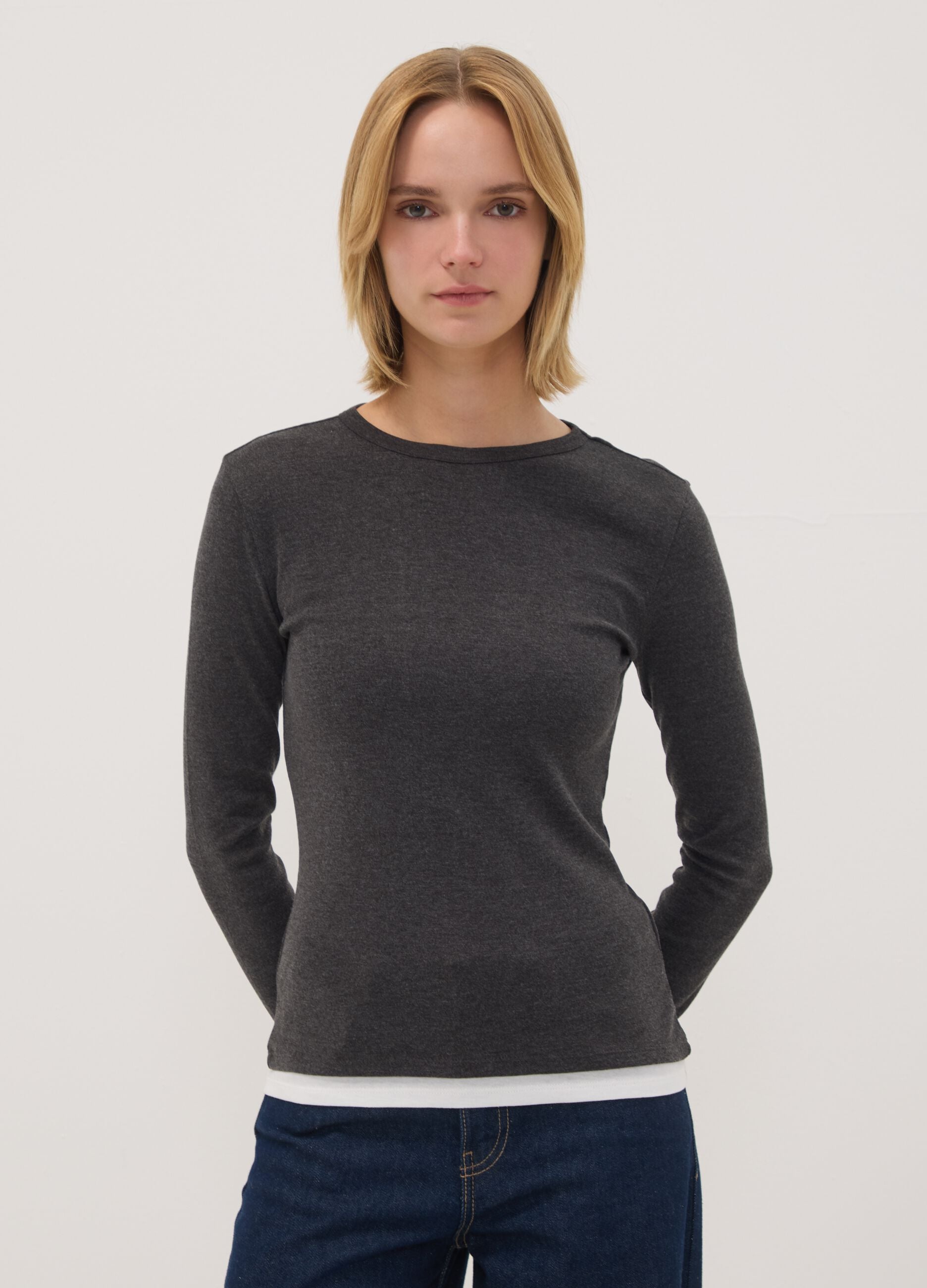 Grey cotton-blend crew-neck T-shirt