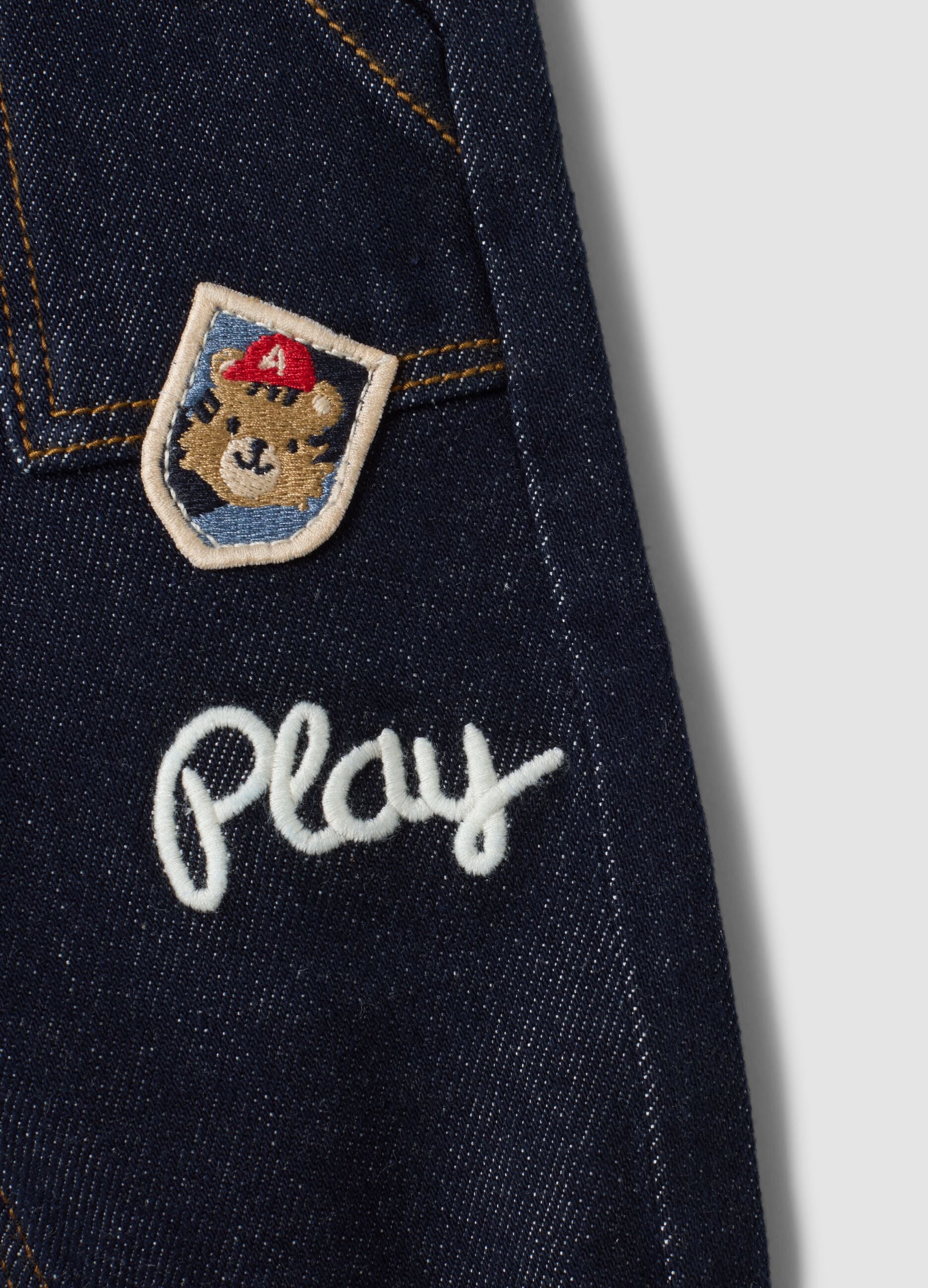 Blue stretch-cotton denim trousers with teddy bear embroidery for baby