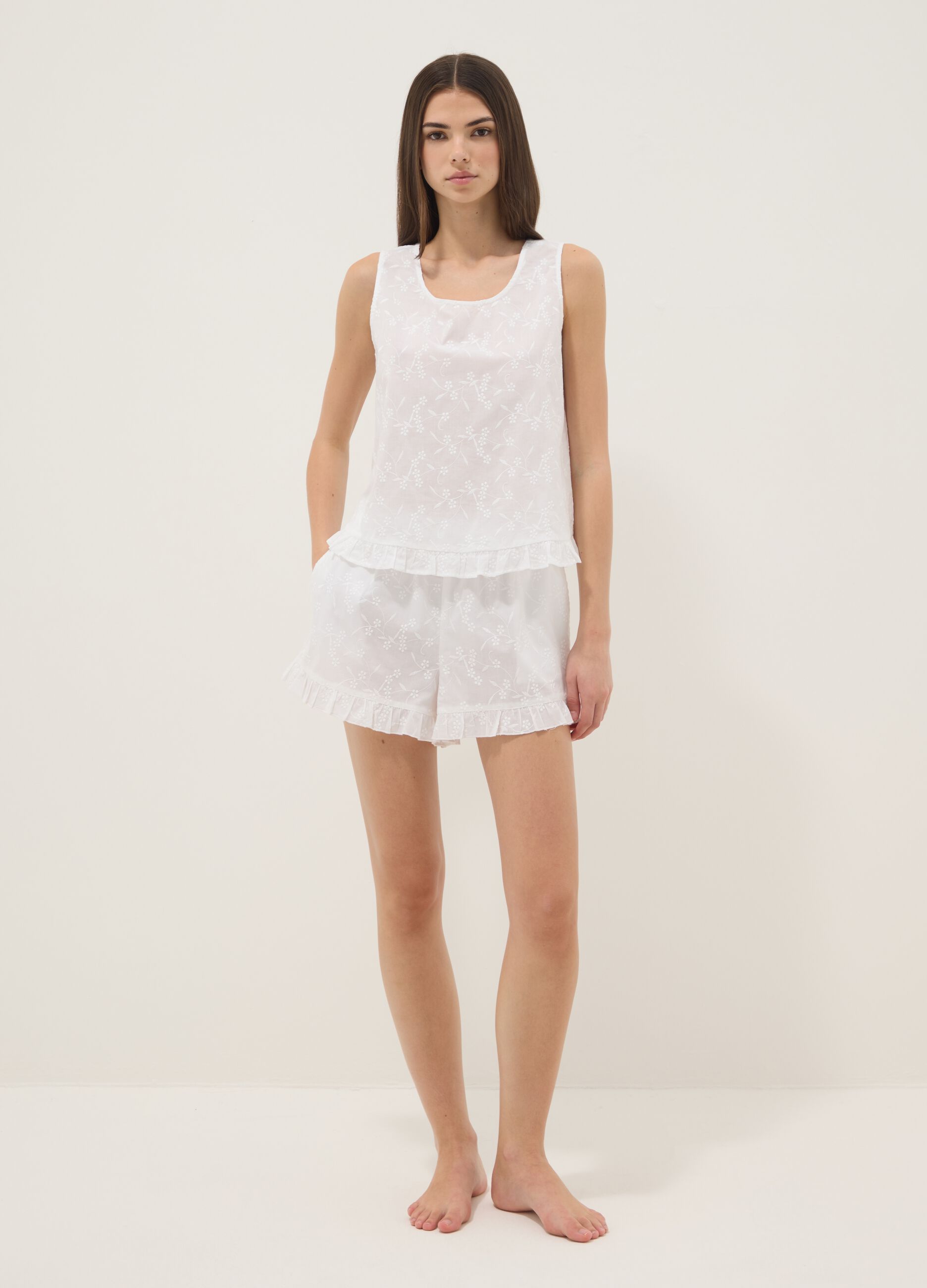 White organic cotton pyjamas with sleeveless top and shorts