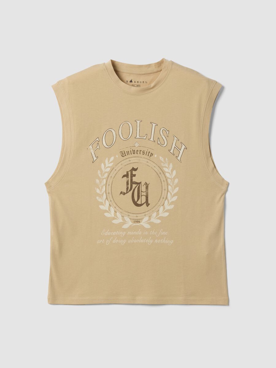 Beige pure cotton tank top with front print_0