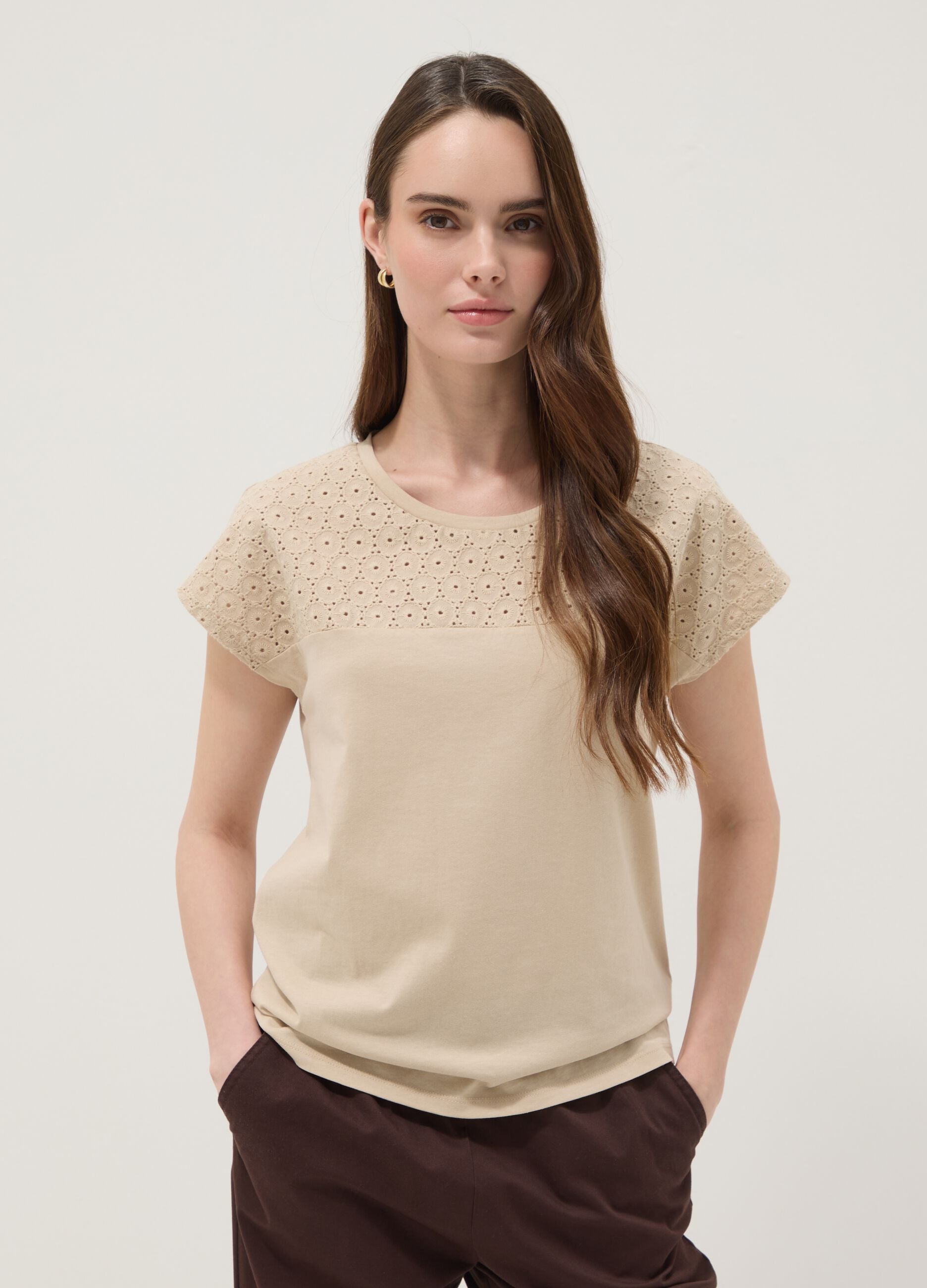 Beige pure cotton T-shirt with broderie anglaise