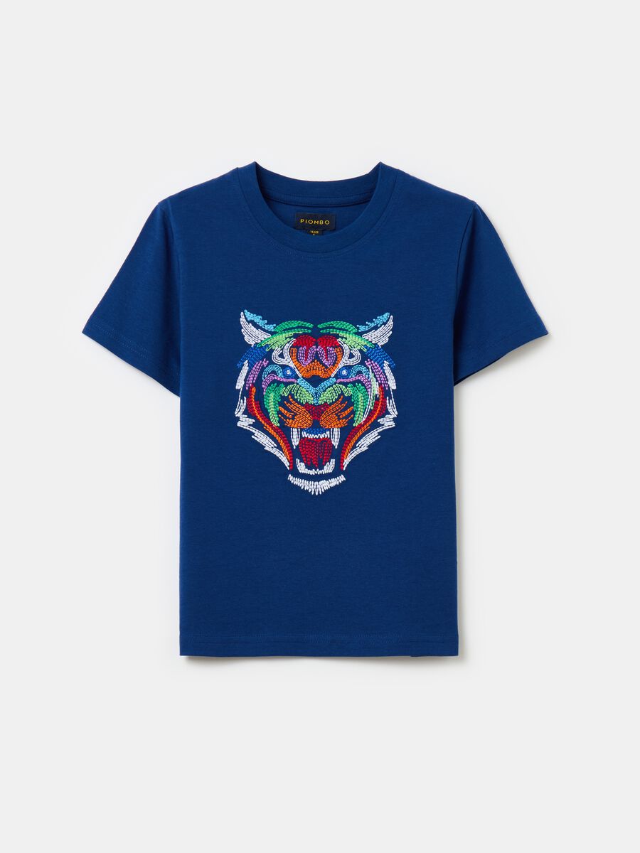 T-shirt in cotone con ricamo tigre_0