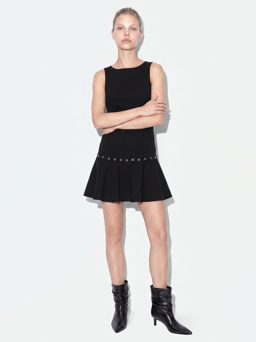 Black sleeveless stretch viscose dress with eyelets_0