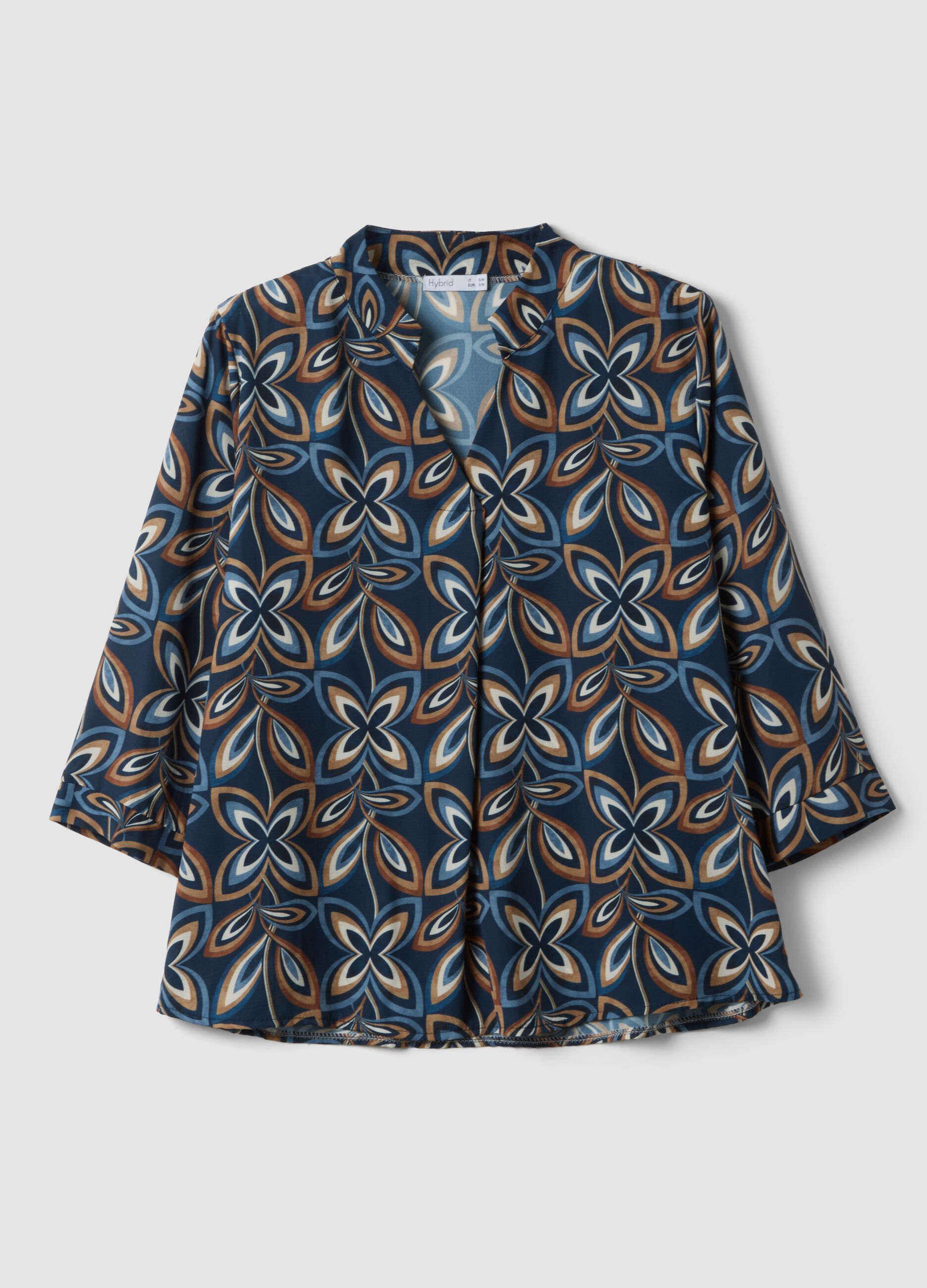 Blue and brown geometric print blouse, regular fit