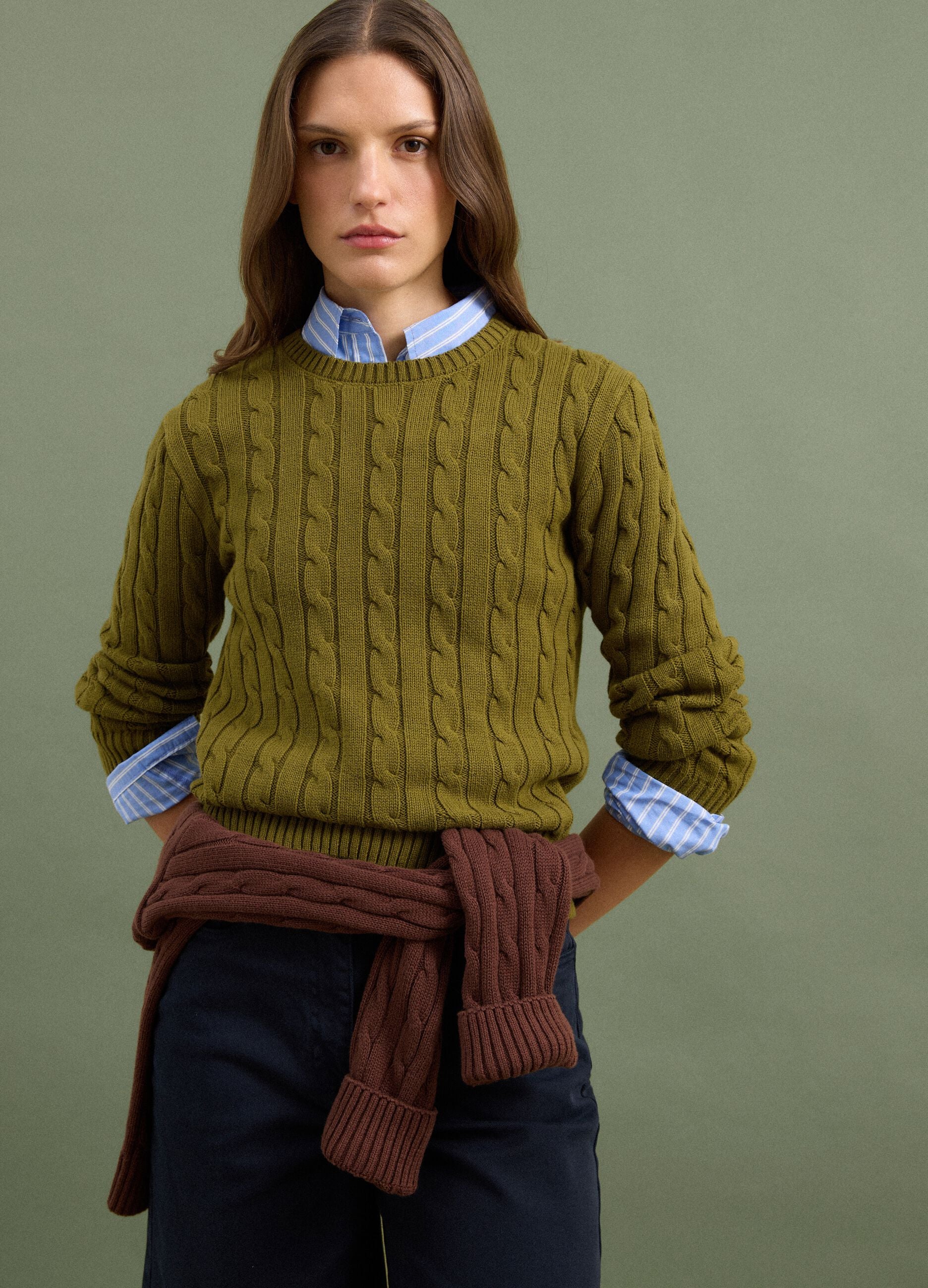 Green pure cotton cable-knit crew-neck jumper
