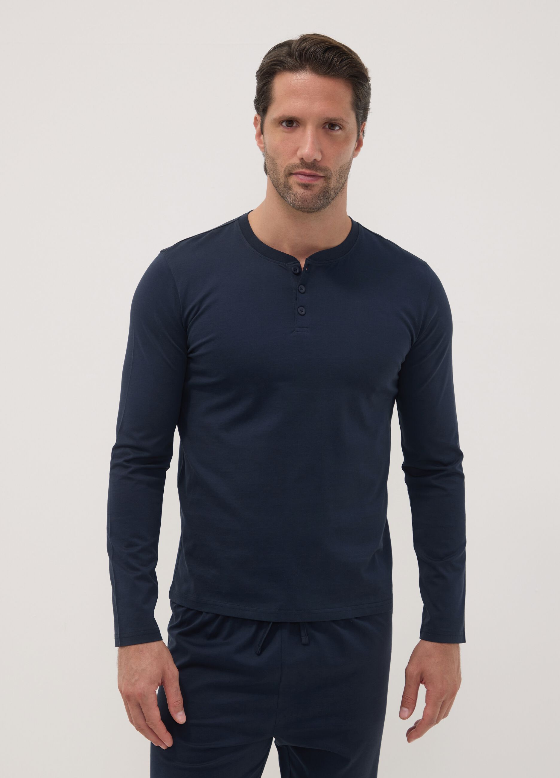 Blue pure organic cotton pyjamas with Henley neckline, regular fit