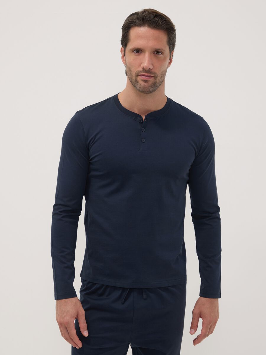 Blue pure organic cotton pyjamas with Henley neckline, regular fit_1