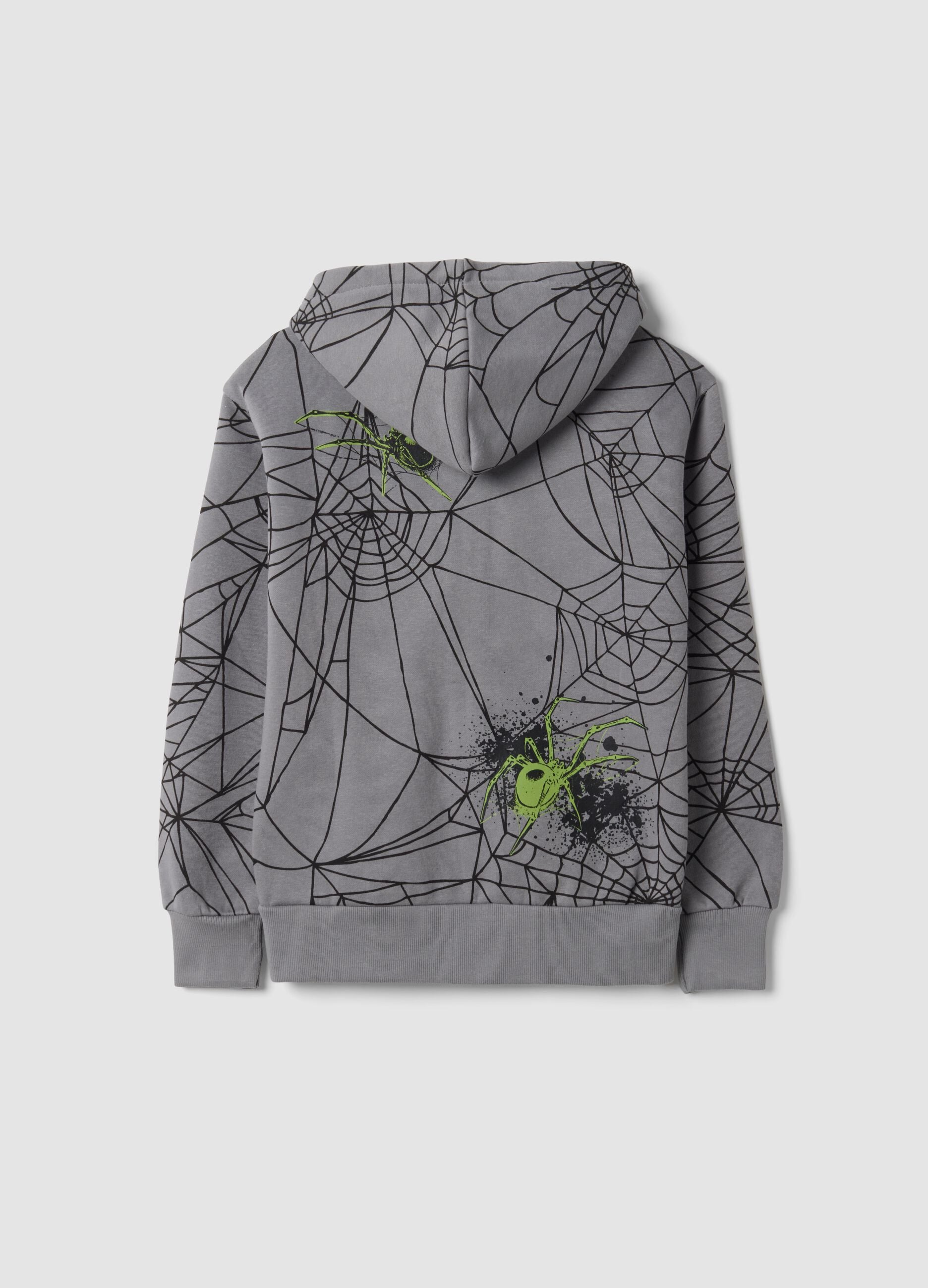 Grey cotton-blend hooded zip sweatshirt with spiderweb print
