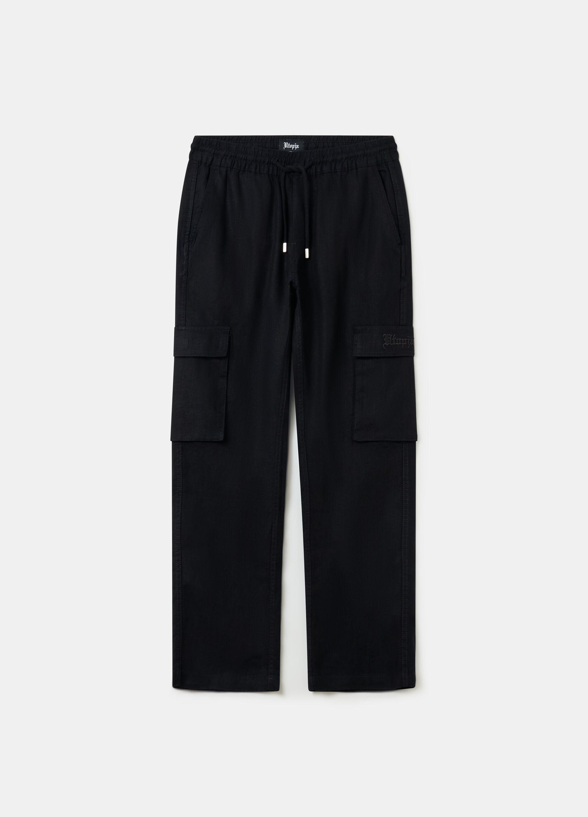 100% Linen Cargo Trousers Black