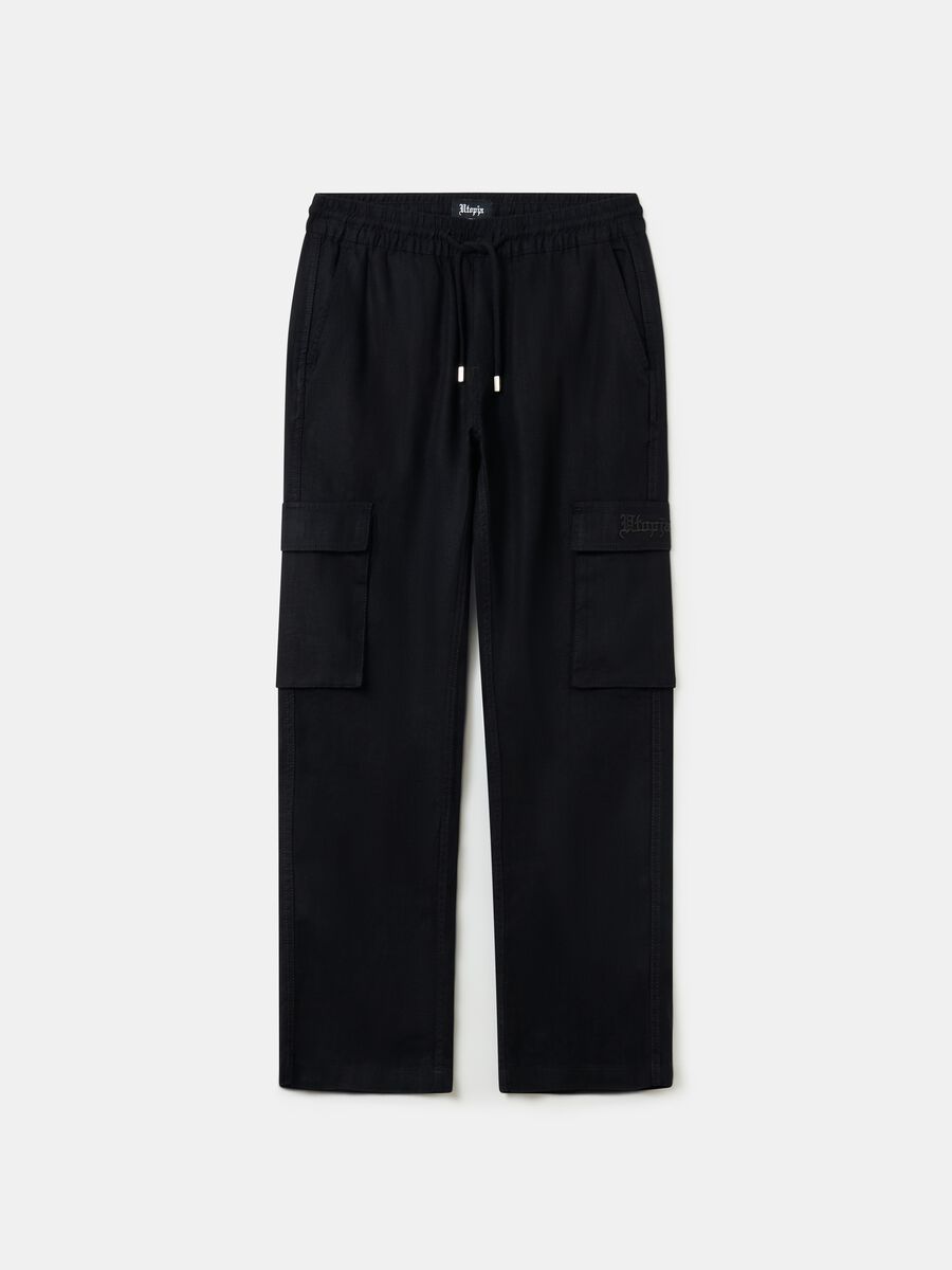100% Linen Cargo Trousers Black_0