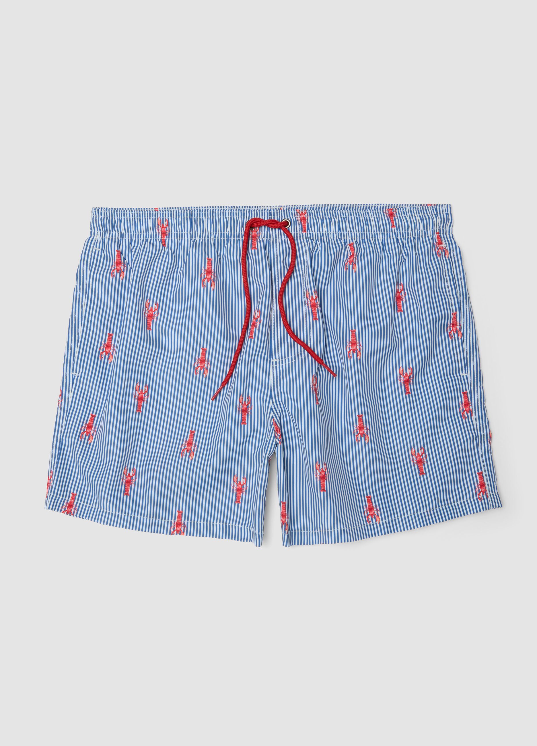 Blue striped swim shorts with lobster print