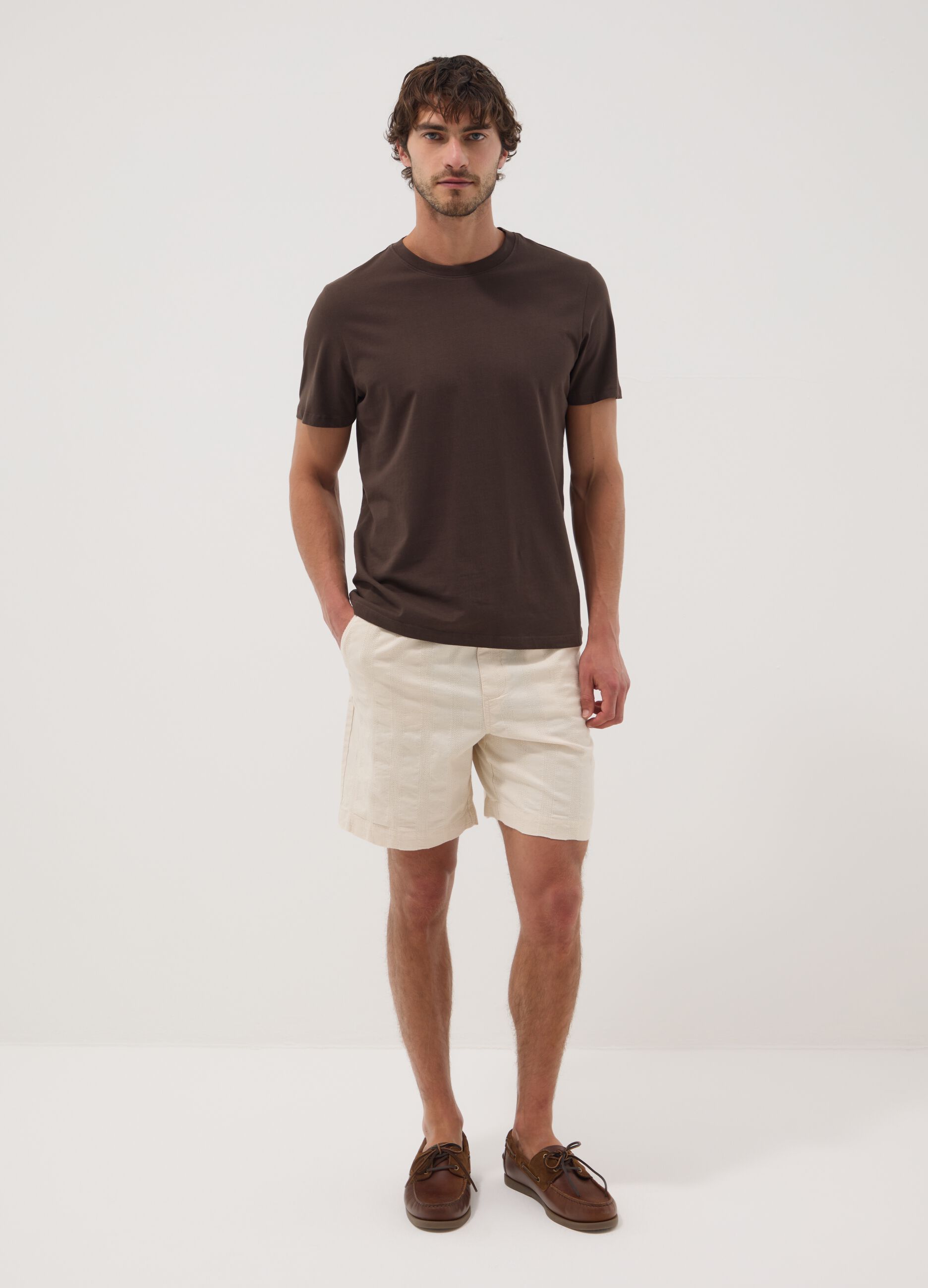 Beige chino Bermuda shorts in pure cotton with elasticated waist