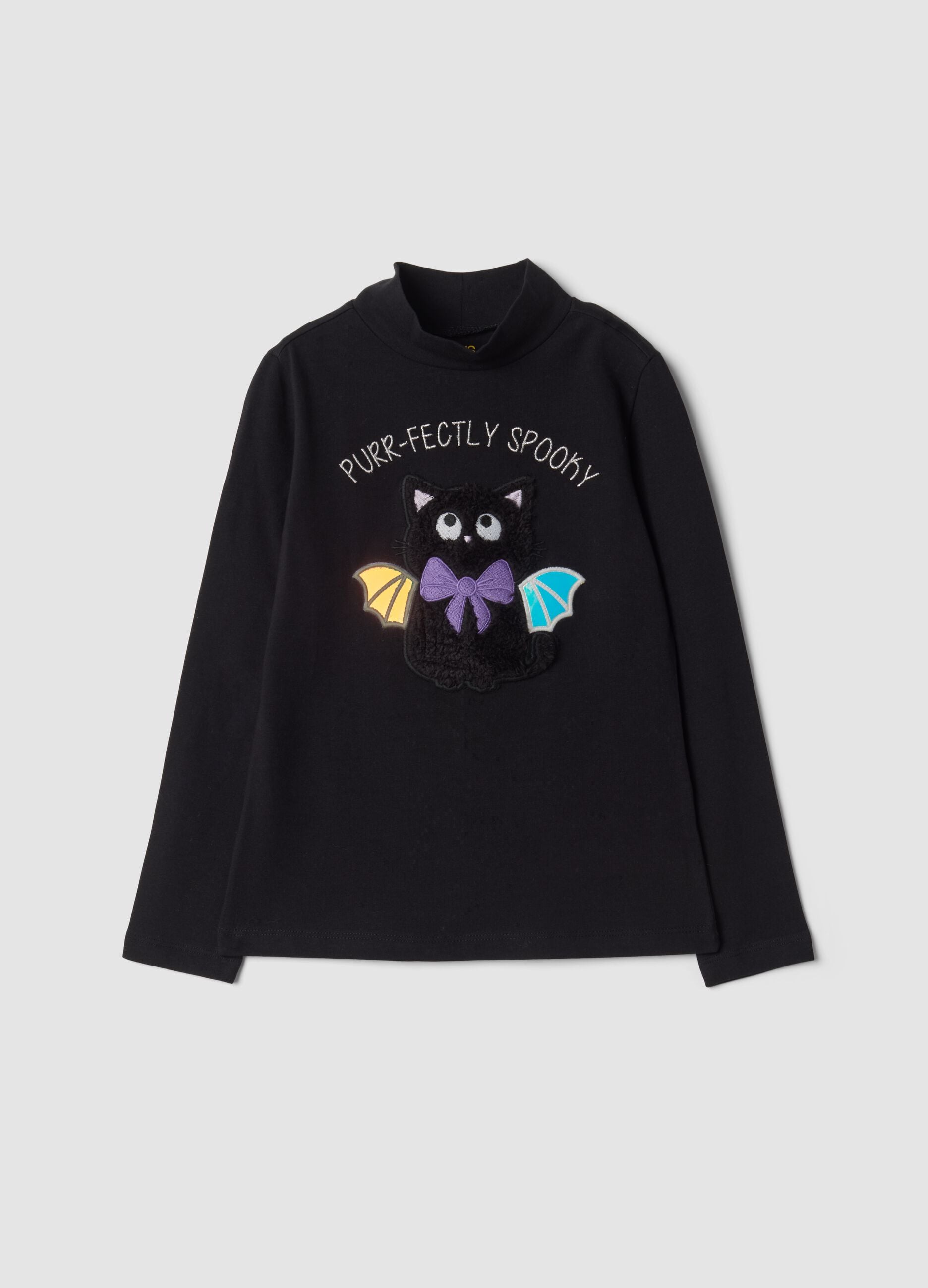 Black stretch cotton T-shirt with high neck