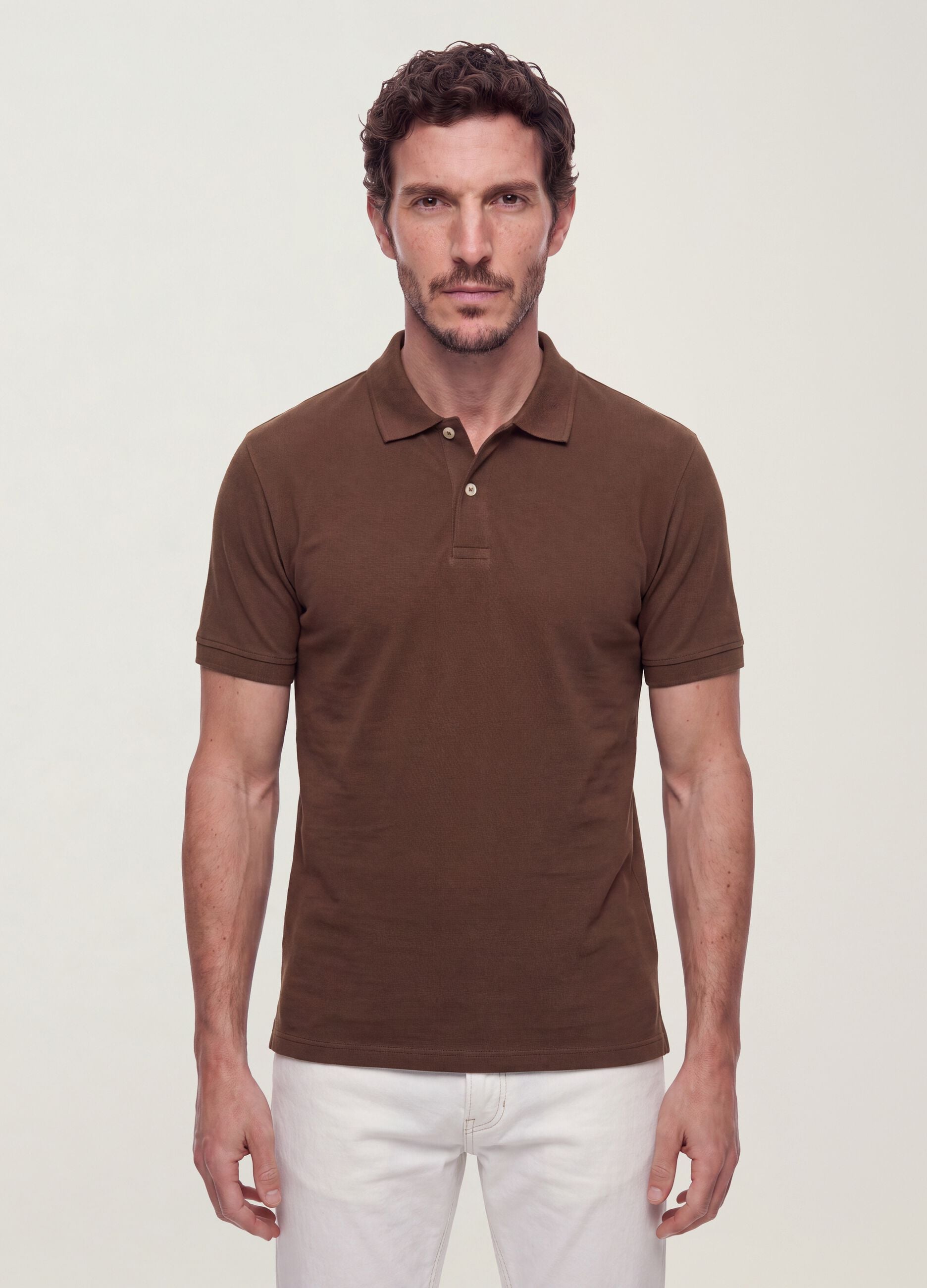 Brown pure cotton piqu&eacute; polo with classic collar, regular fit
