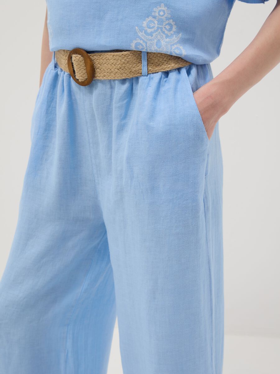 Hellblaue Wide-Leg-Hose aus reinem Leinen mit elastischem Bund_3