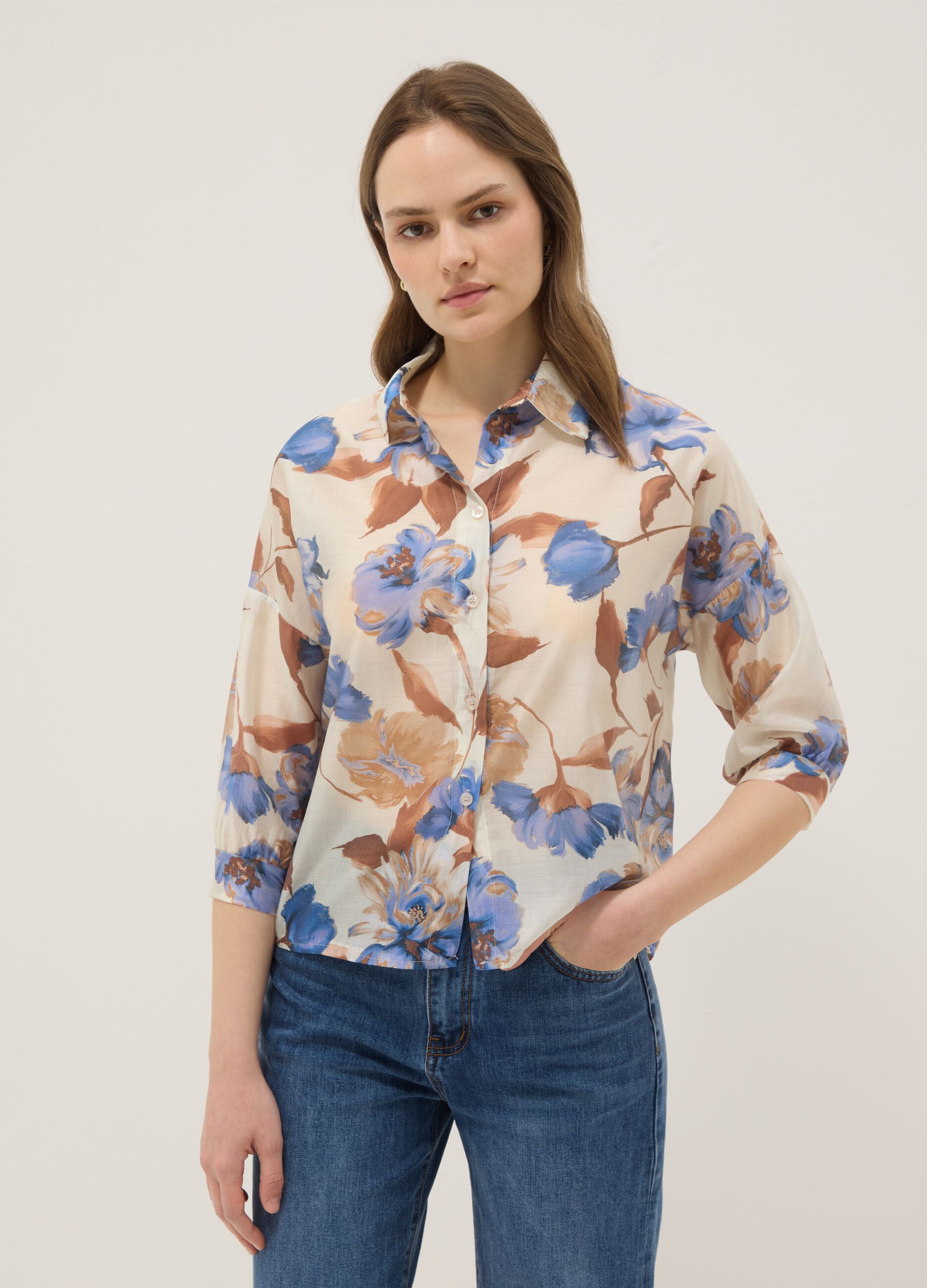 Regular-fit floral print viscose-blend shirt