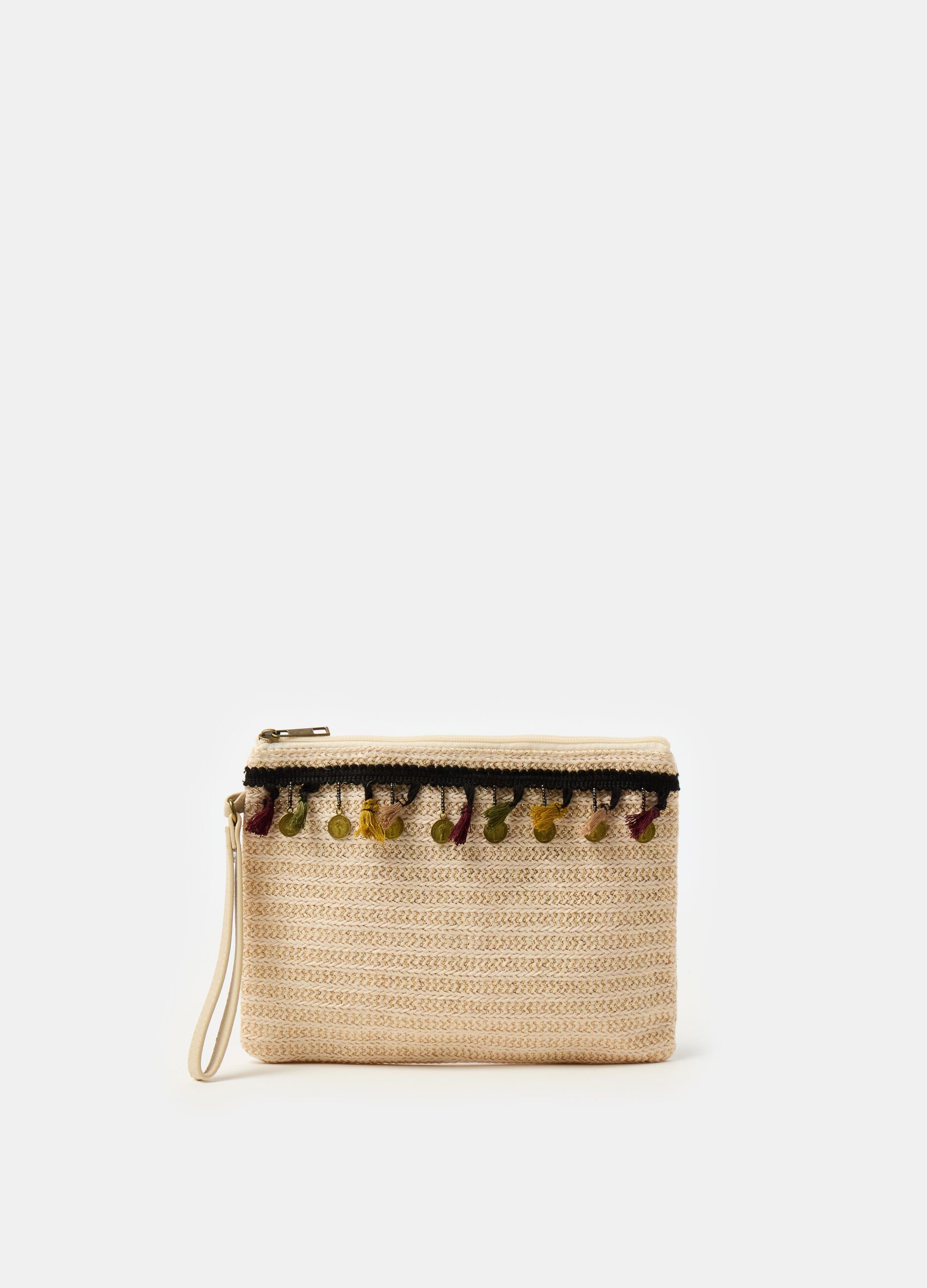 Clutch bag with crochet application and tassels