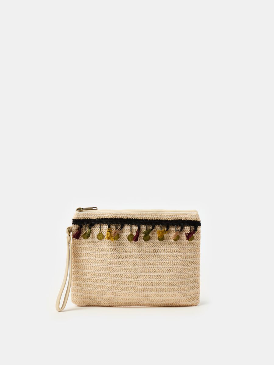 Clutch bag with crochet application and tassels_0