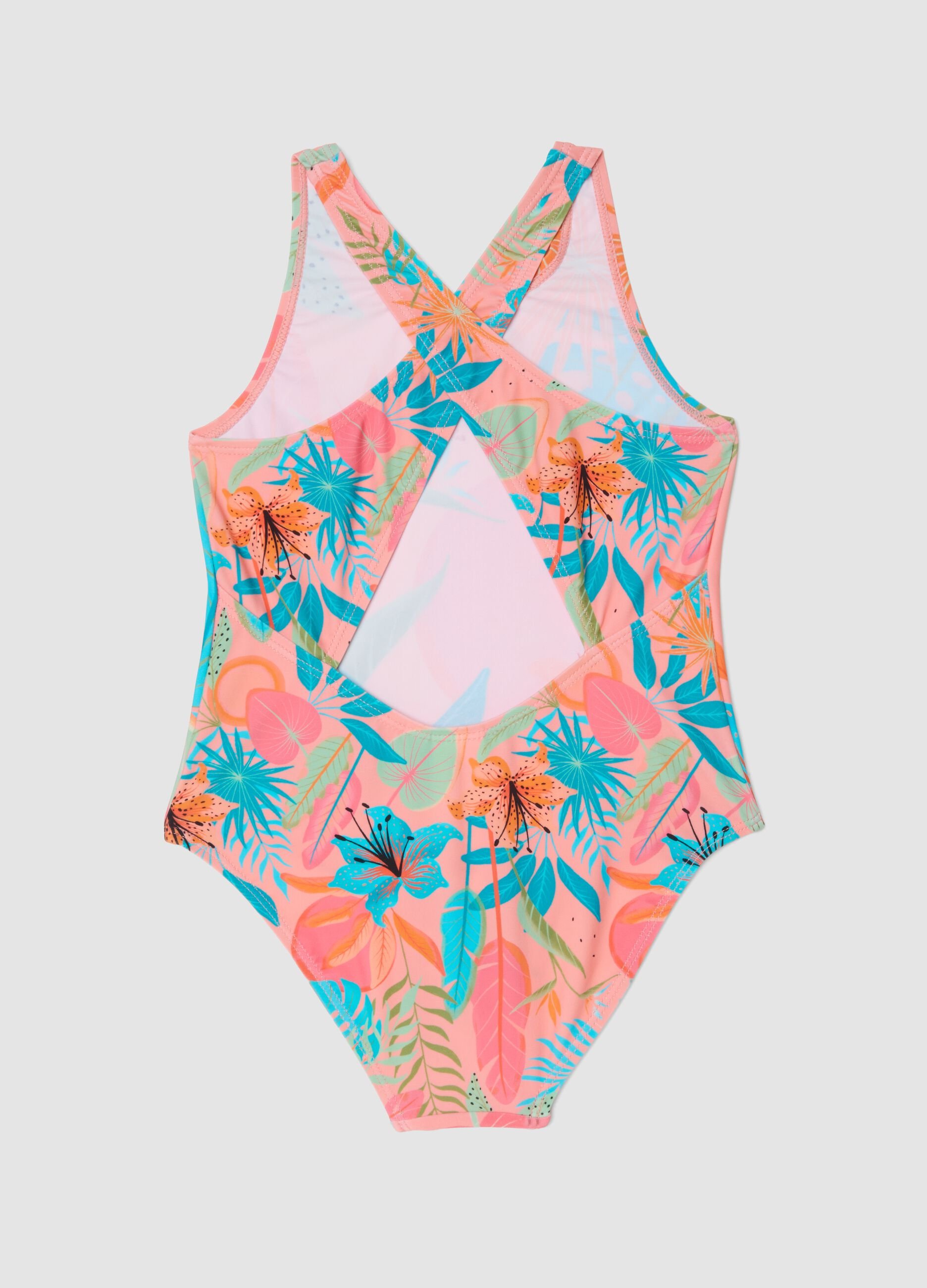 Pink tropical print girls&rsquo; swimsuit